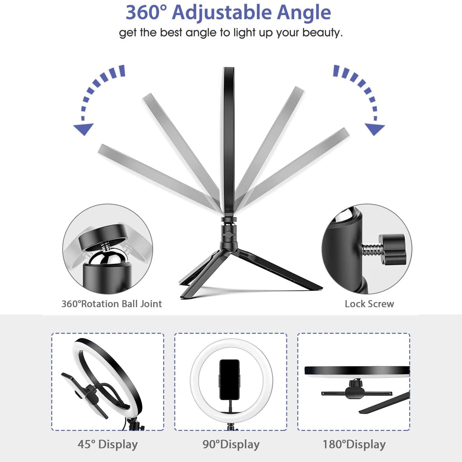 Ein Ringlicht mit verschiedenen Anzeigewinkeln und einem 360° drehbaren Kugelgelenk.