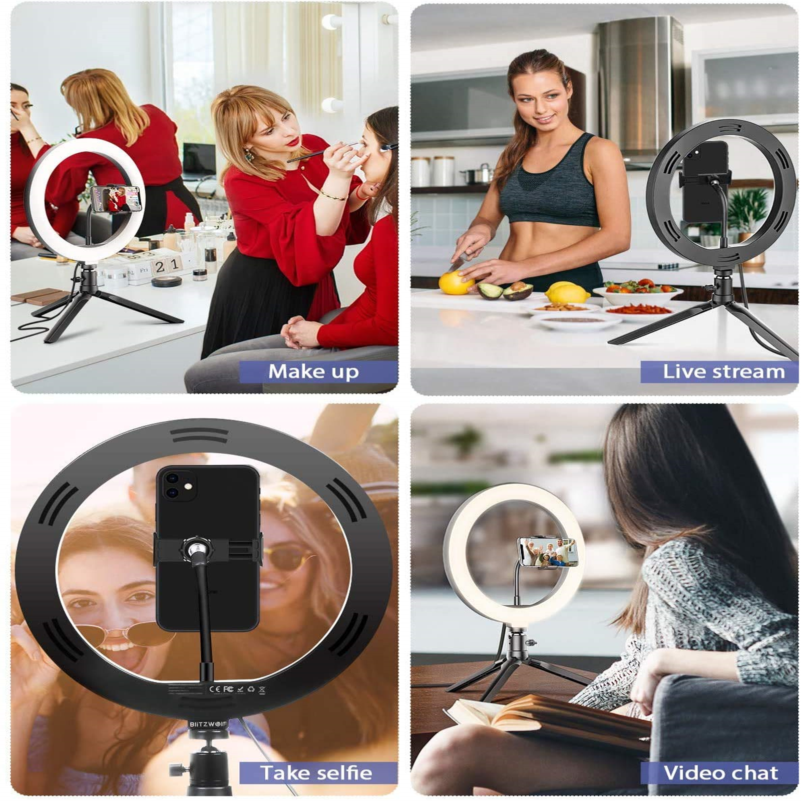 Vier Bilder, die Ringlichter für Make-up, Live-Streaming, Selfies und Video-Chats zeigen, jeweils mit einem Telefon.