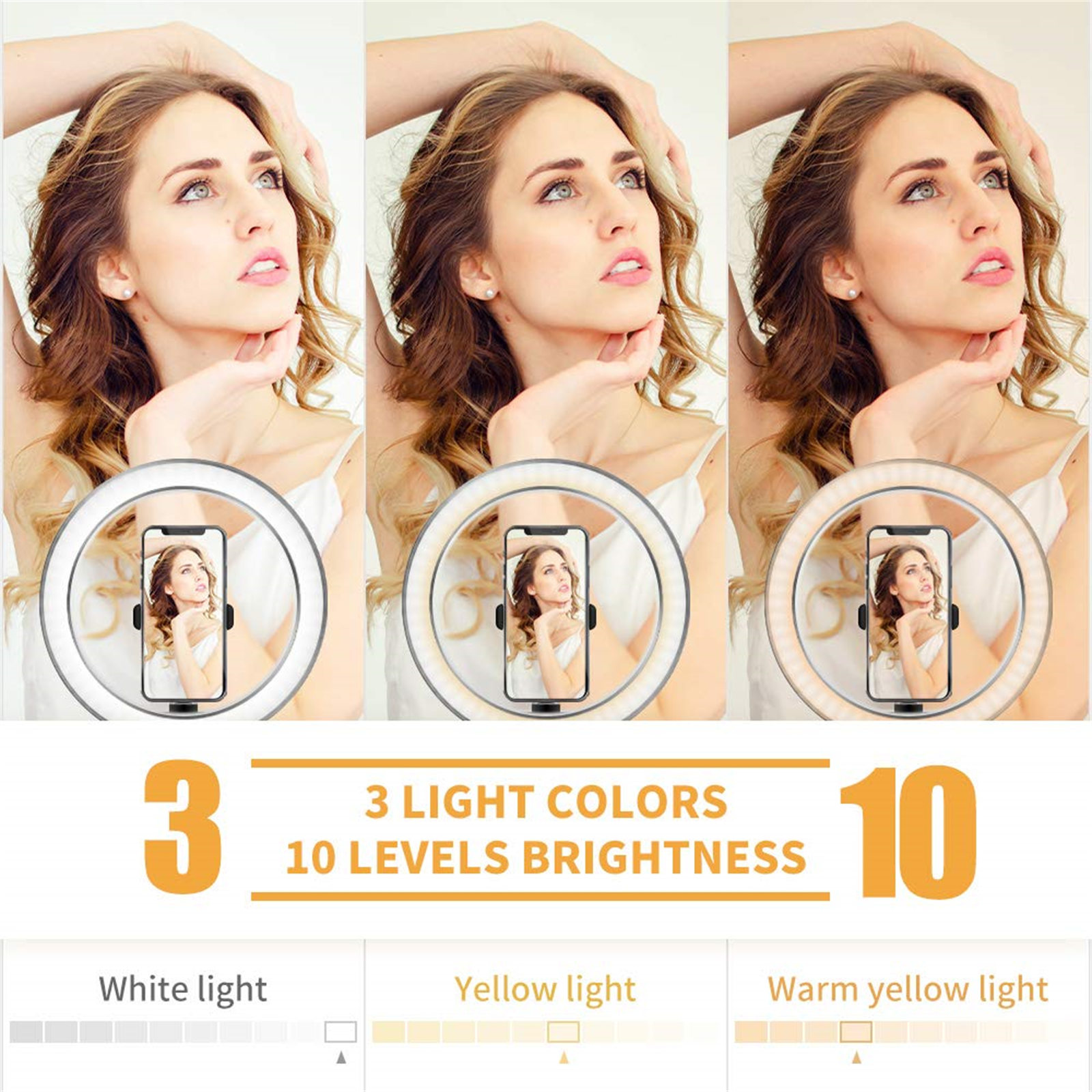 Drei Frauen mit Ringleuchten um ihre Telefone. Text sagt: 3 Lichtfarben und 10 Helligkeitsstufen.