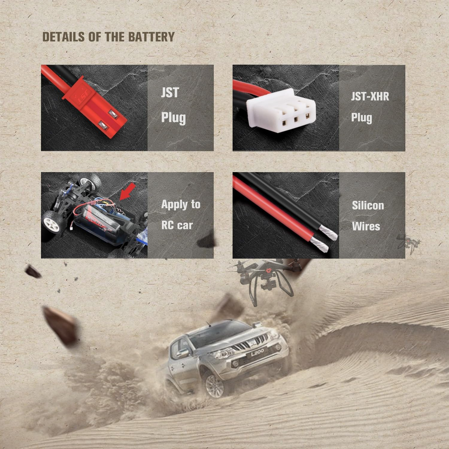 Bild zeigt Details von RC-Auto-Batterieanschlüssen, einschließlich JST- und JST-XHR-Steckern und Silikonkabeln.