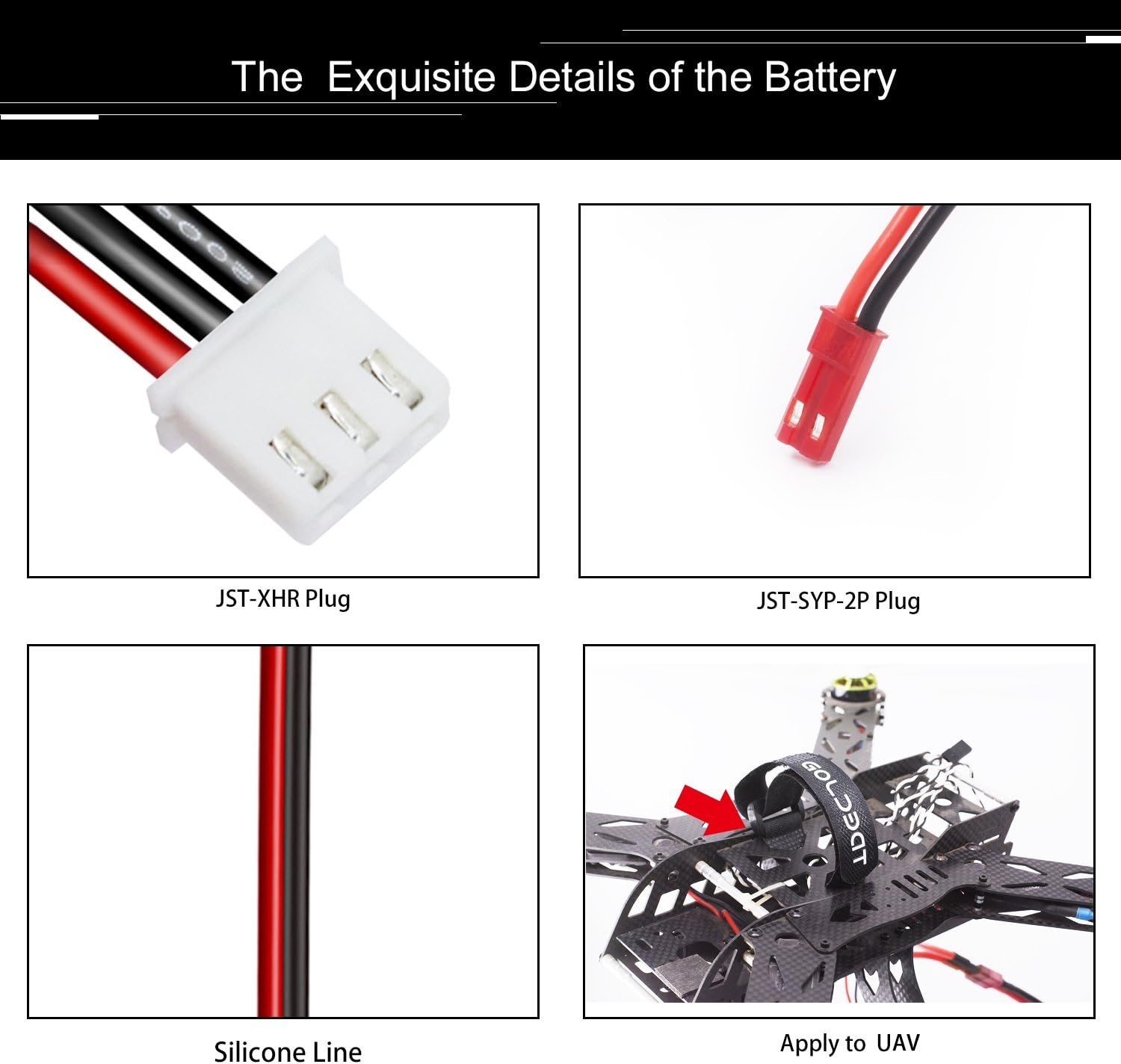 Nahaufnahmen von Batterieanschlüssen und Silikonleitungen, mit einer Drohne im Hintergrund.