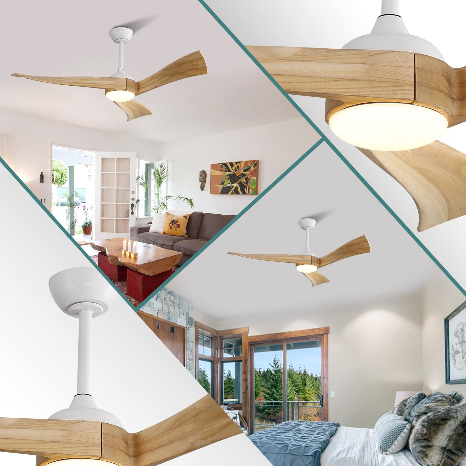 Collage mit verschiedenen Winkeln eines weißen Deckenventilators mit Holzflügeln in verschiedenen Räumen.