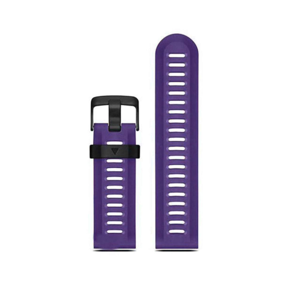 Zwei Teile eines violetten Uhrenarmbands: das Band mit Löchern und der Schnallenteil.