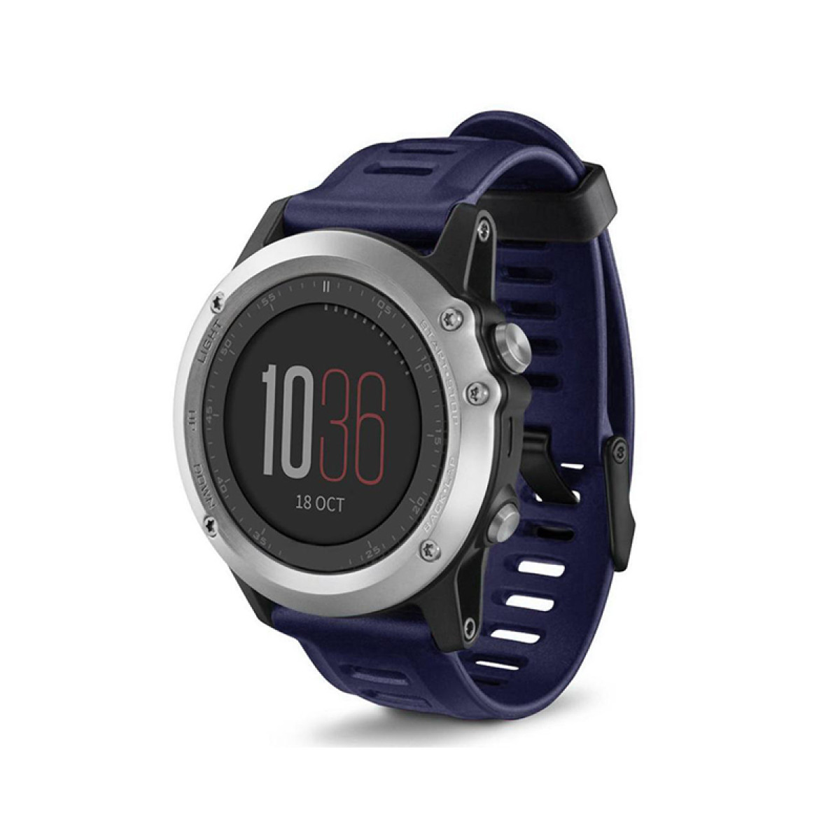 Eine Digitaluhr mit blauem Armband, die die Uhrzeit 10:36 und das Datum anzeigt.