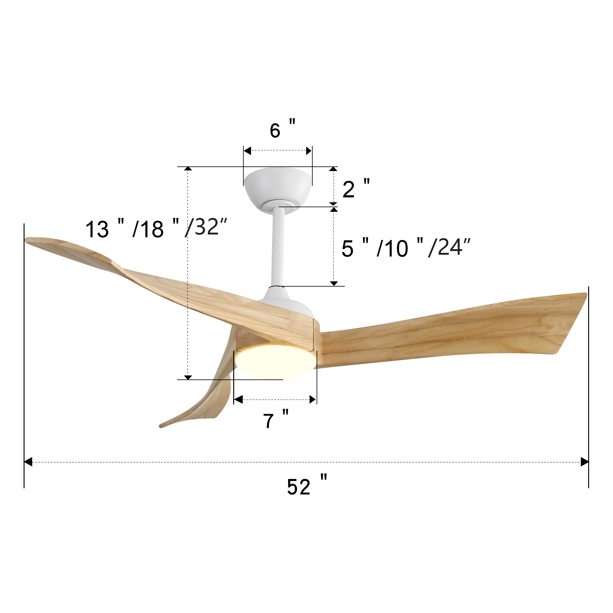 Ein Deckenventilator mit angegebenen Abmessungen. Der Ventilator hat drei Holzblätter.