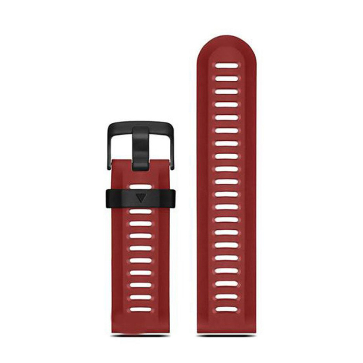 Rotes Uhrenarmband mit schwarzer Schnalle und Befestigungsteil. Aus geriffeltem Material.