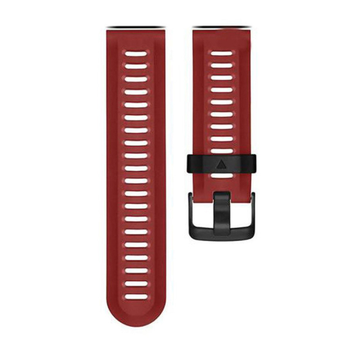 Zwei rote Uhrenarmbänder mit Löchern, eines mit Schnalle, auf weißem Grund.