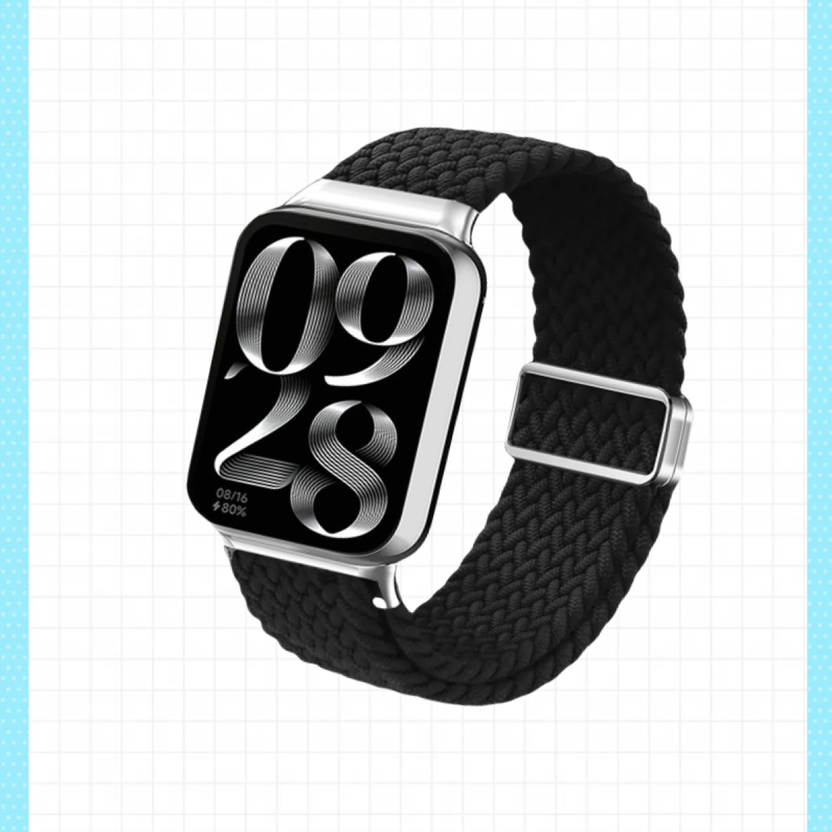 Smartwatch con cinturino nero intrecciato, cornice argentata e display digitale '09 28'.