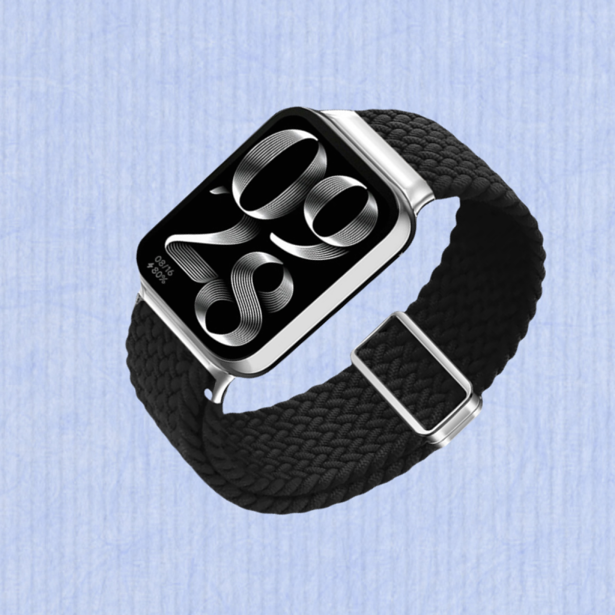 Uno smartwatch nero con cinturino nero intrecciato su sfondo blu, che mostra l'ora.