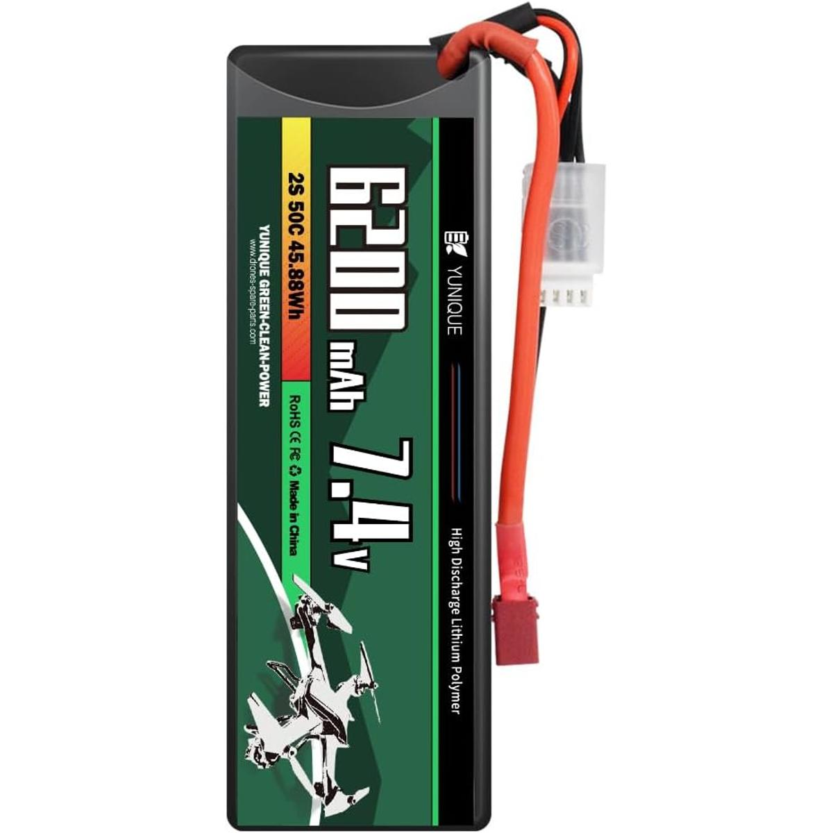 Grüne und schwarze 6200mAh 7,4V Batterie mit roten und weißen Anschlüssen.
