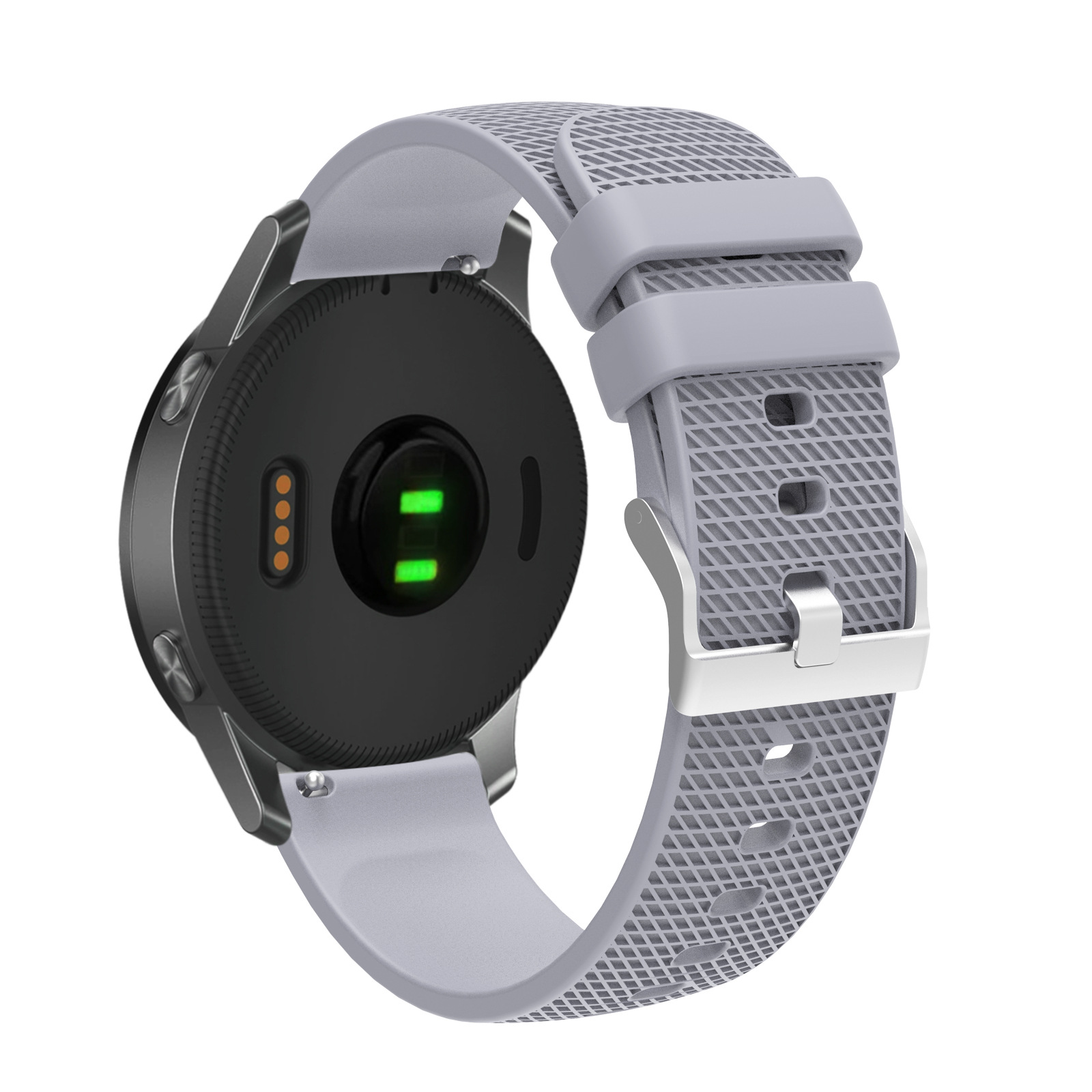 Uno smartwatch con cinturino grigio. Il retro dell'orologio mostra un sensore di frequenza cardiaca.