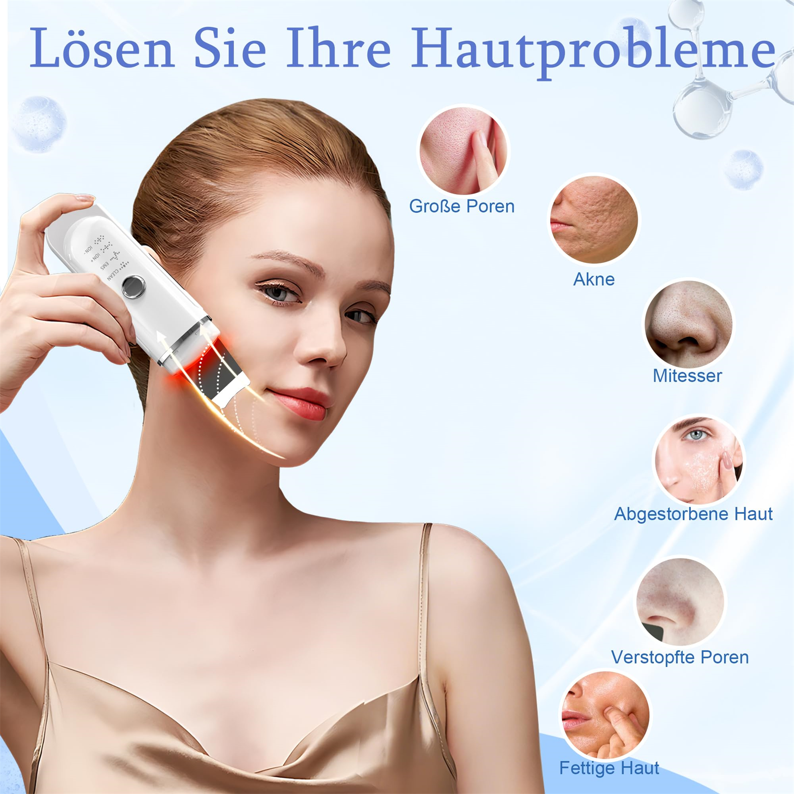 Frau benutzt ein Hautpflegegerät auf ihrem Gesicht, mit Diagrammen von Hautproblemen um sie herum.