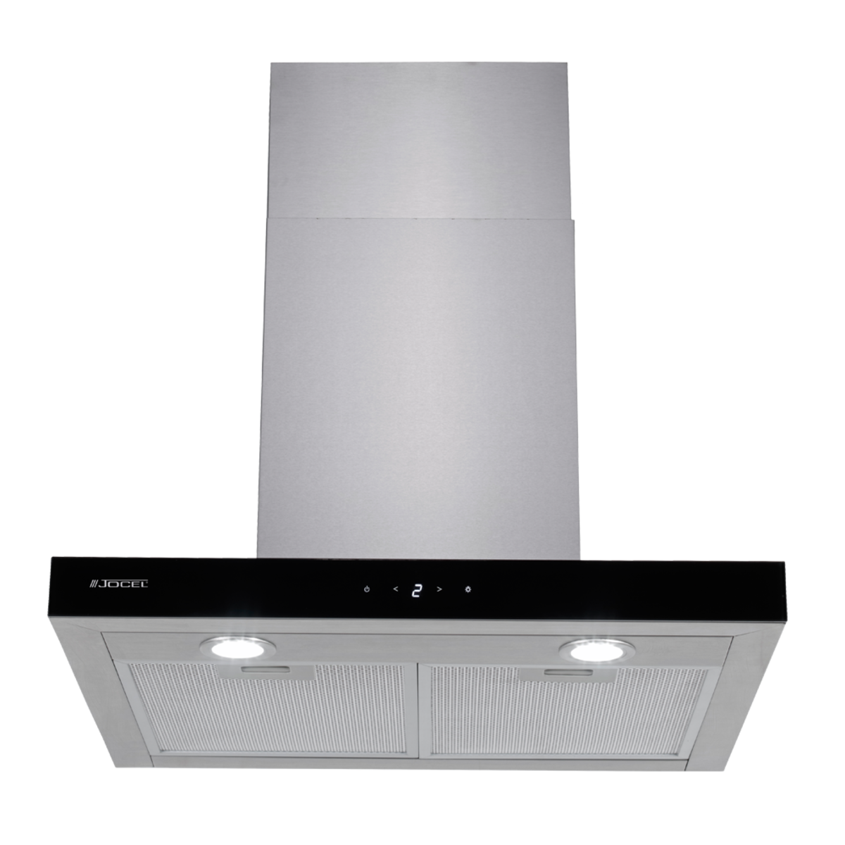 Campana extractora, acero inoxidable, con dos luces y panel de control negro con pantalla.