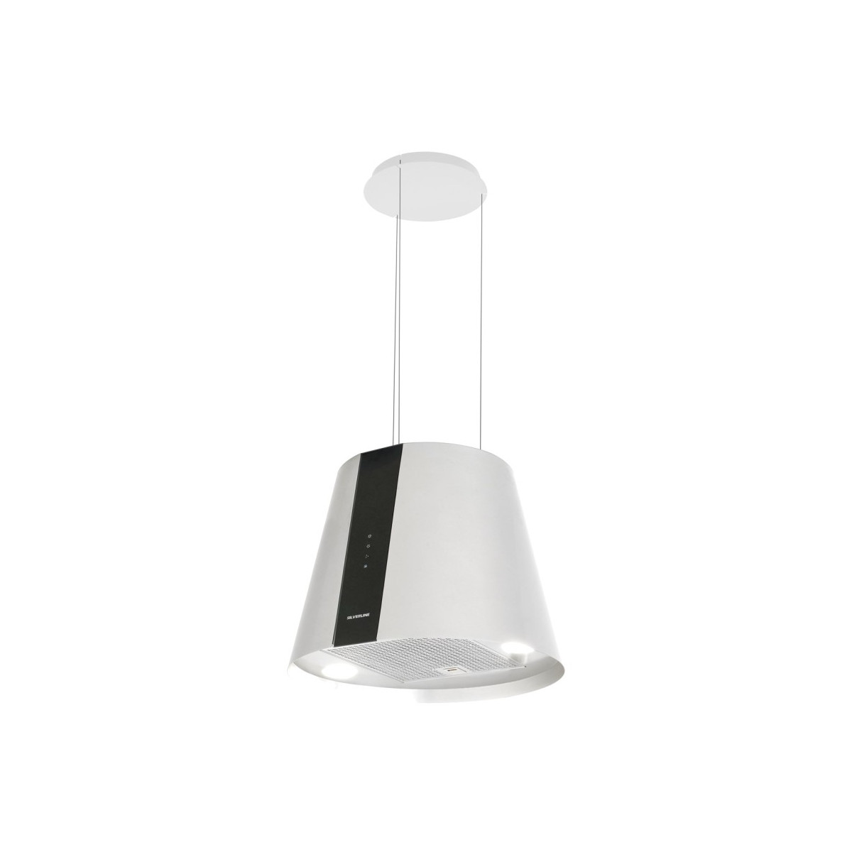 Cappa da cucina bianca appesa al soffitto, con dettagli neri e una luce.