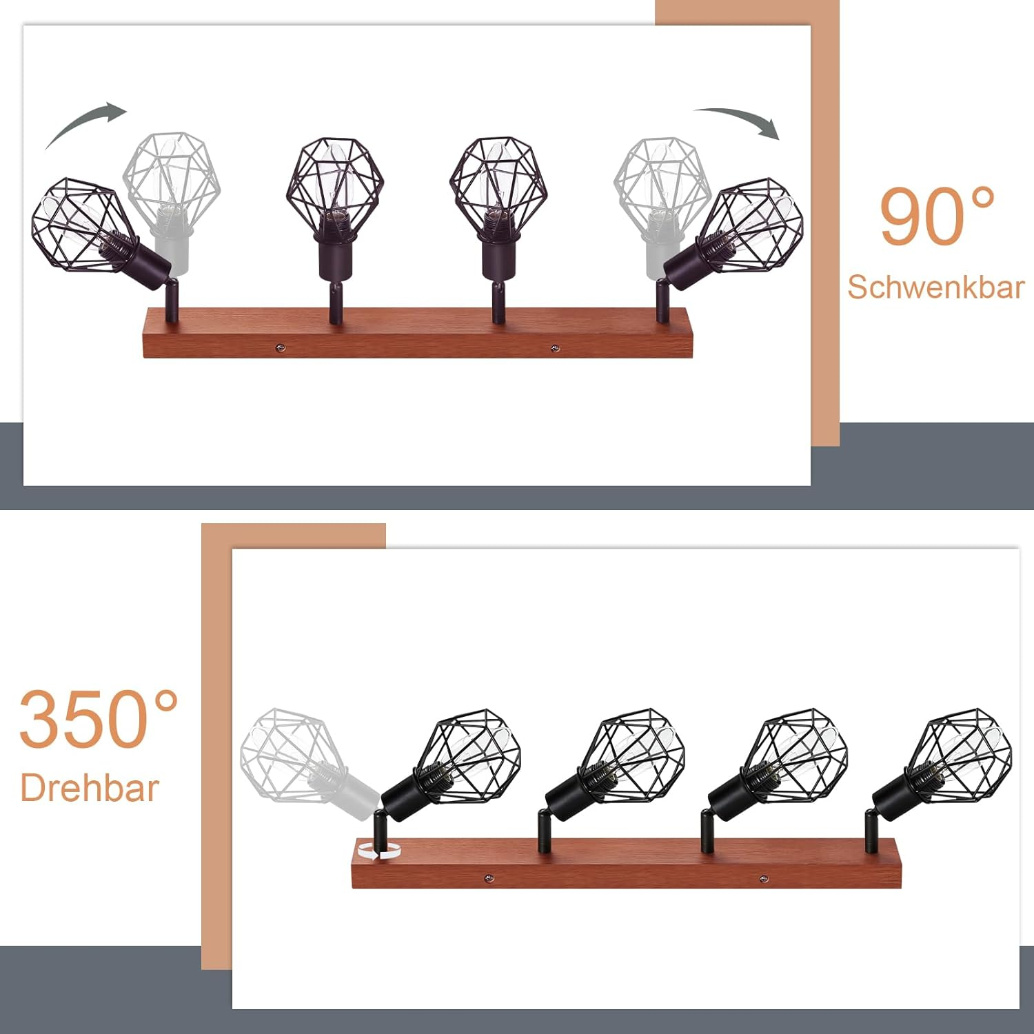 Oprawy oświetleniowe na drewnianej desce. Jeden rząd pokazuje obrót o 90 stopni, drugi o 350 stopni.