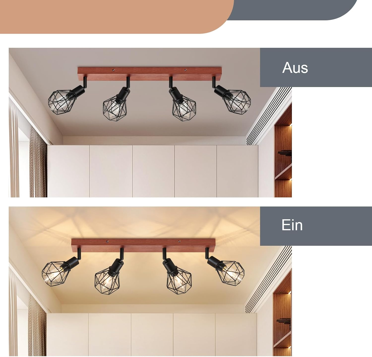 Lampy sufitowe: stany włączony i wyłączony. Czarne lampy, drewniana belka.