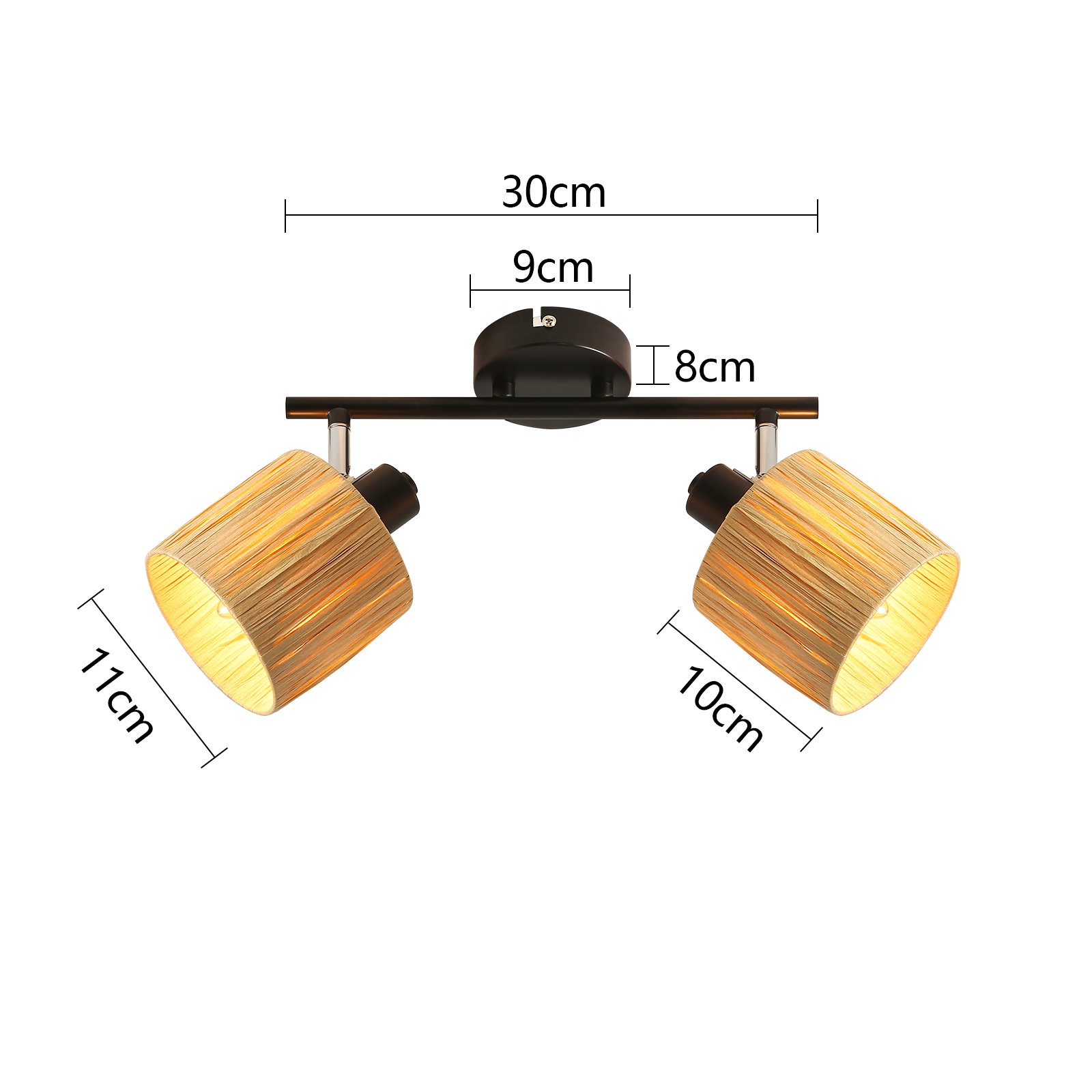 Dwie lampy z beżowymi kloszami zamontowane na czarnym, poziomym drążku. Podano wymiary lampy.