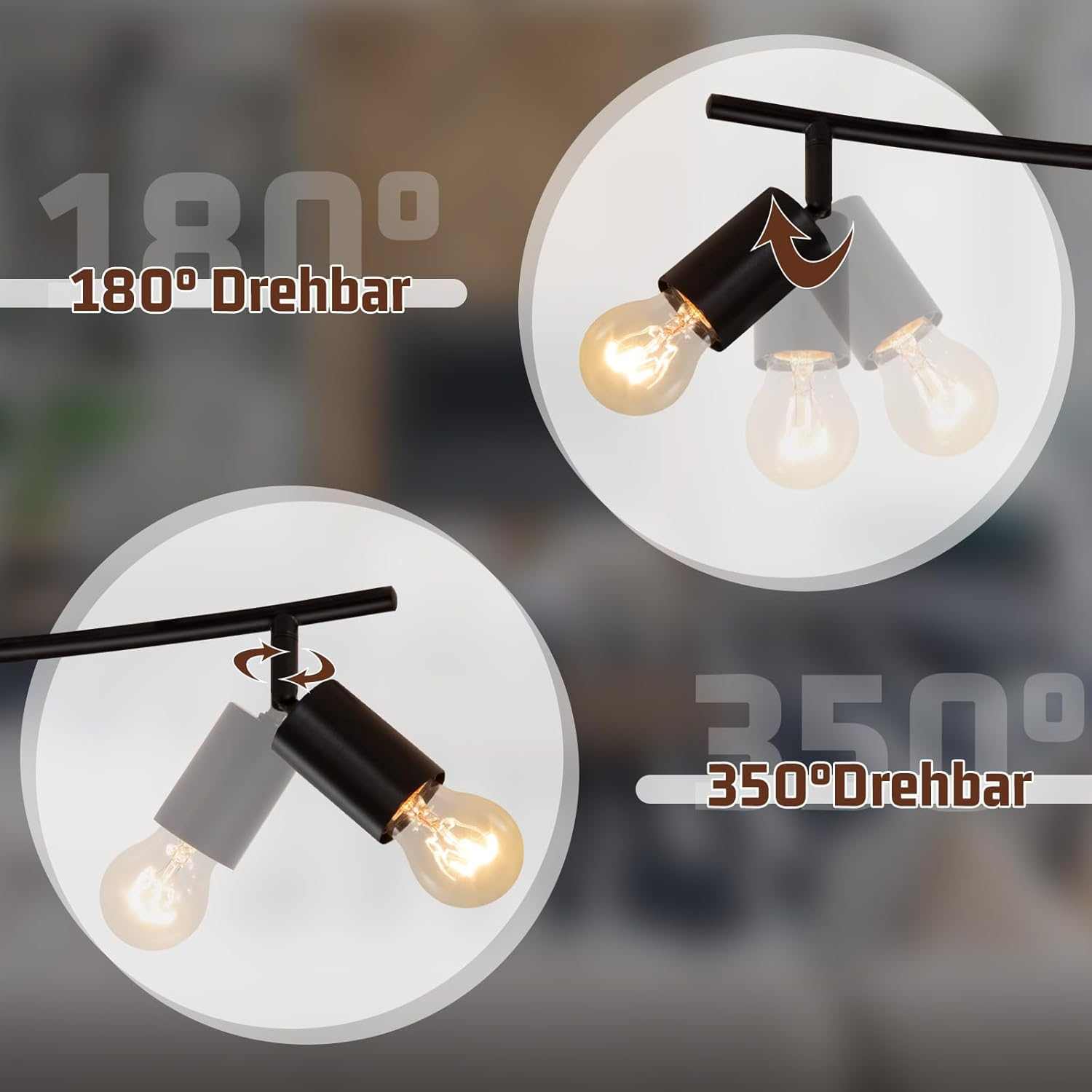 Czarne oświetlenie szynowe z dwoma reflektorami, jeden obracający się o 180 stopni, drugi 350 stopni.