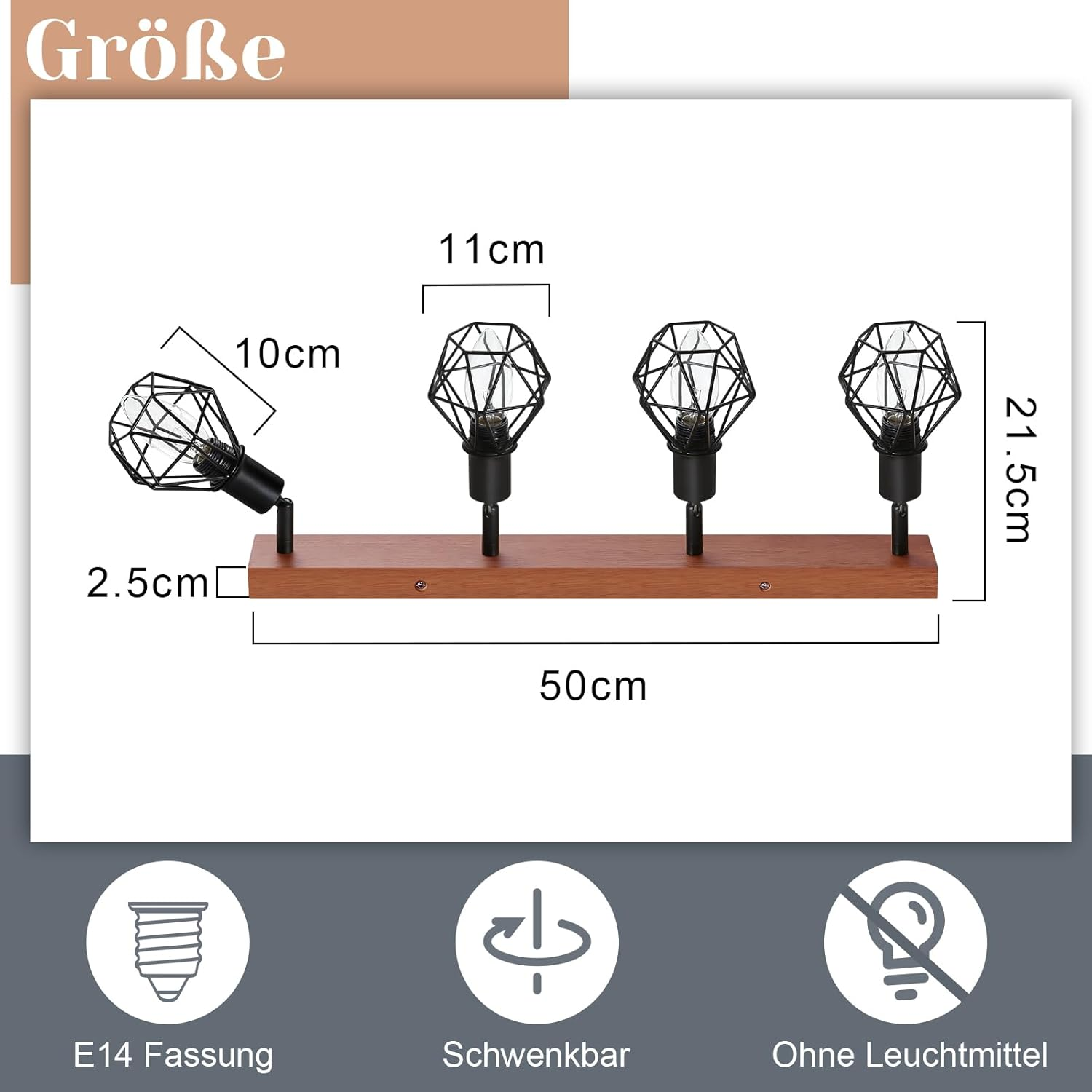 Drewniana oprawa oświetleniowa z czterema oprawkami żarówek. Tekst i wymiary w zestawie. Białe tło.