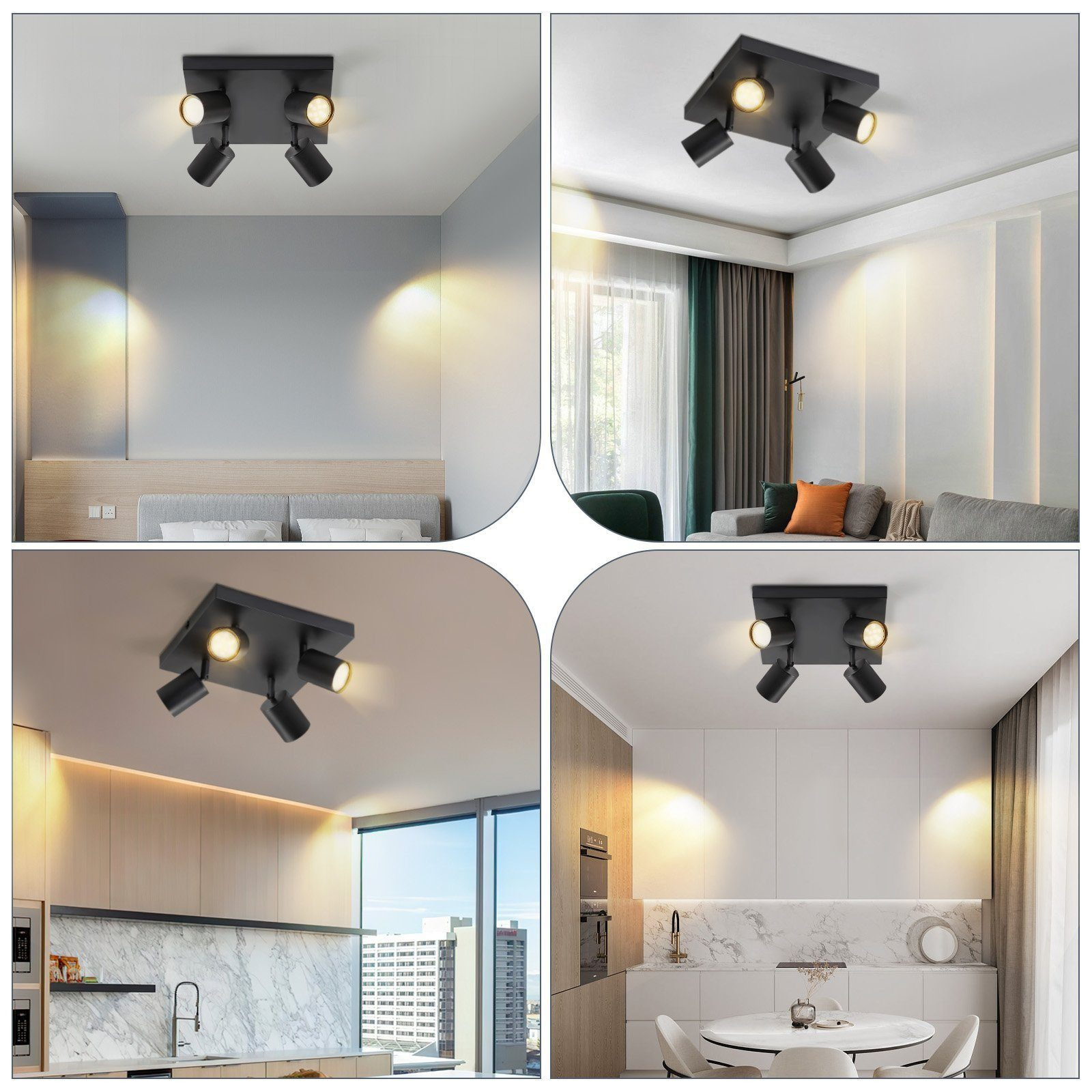 Cztery zdjęcia czarnych reflektorów sufitowych w różnych wnętrzach, pokazujące kierunek i rozmieszczenie światła.