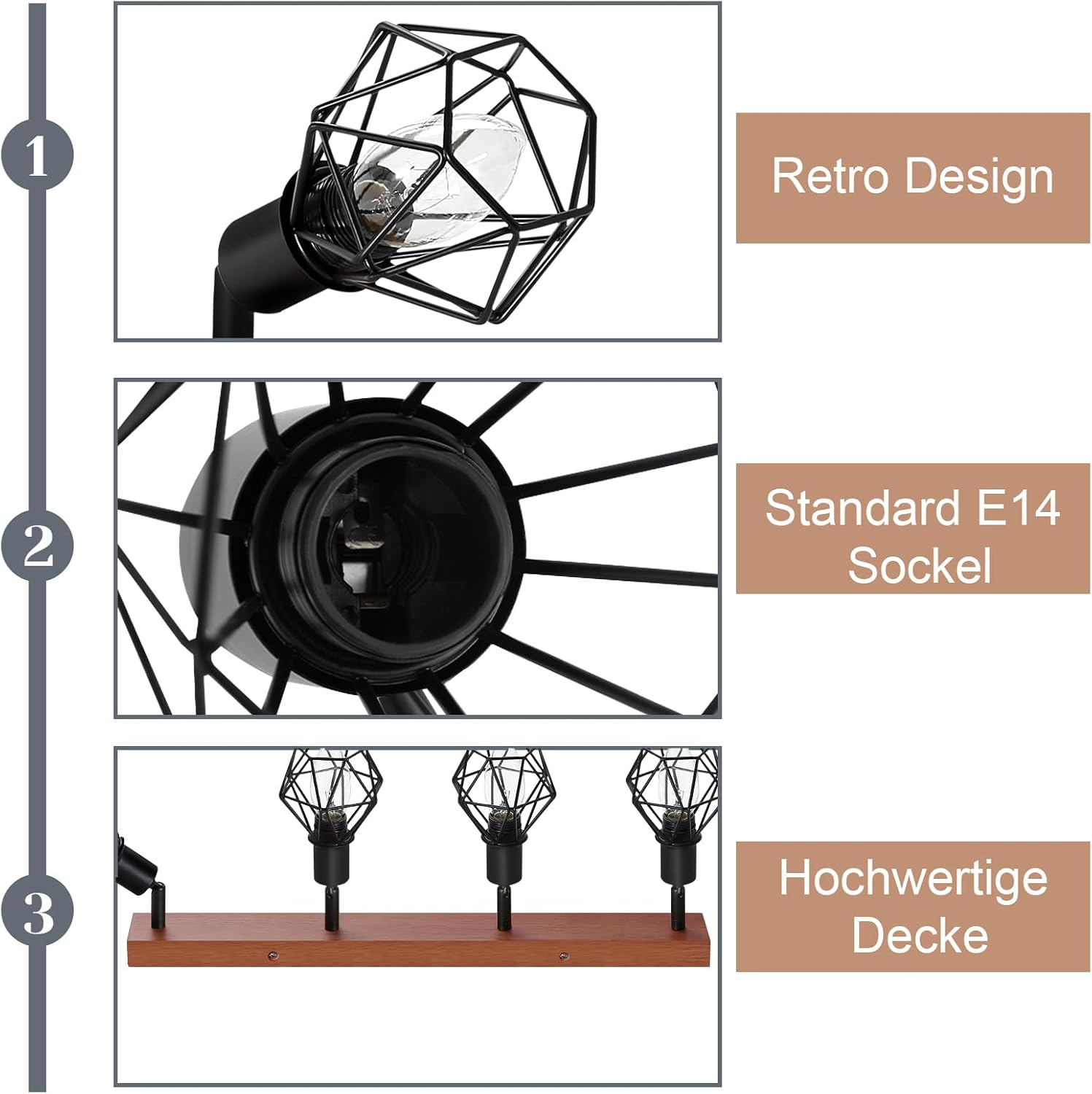 Czarna lampa z drucianym stelażem z żarówką Edisona, zamontowana na drewnianej podstawie z trzema lampami.