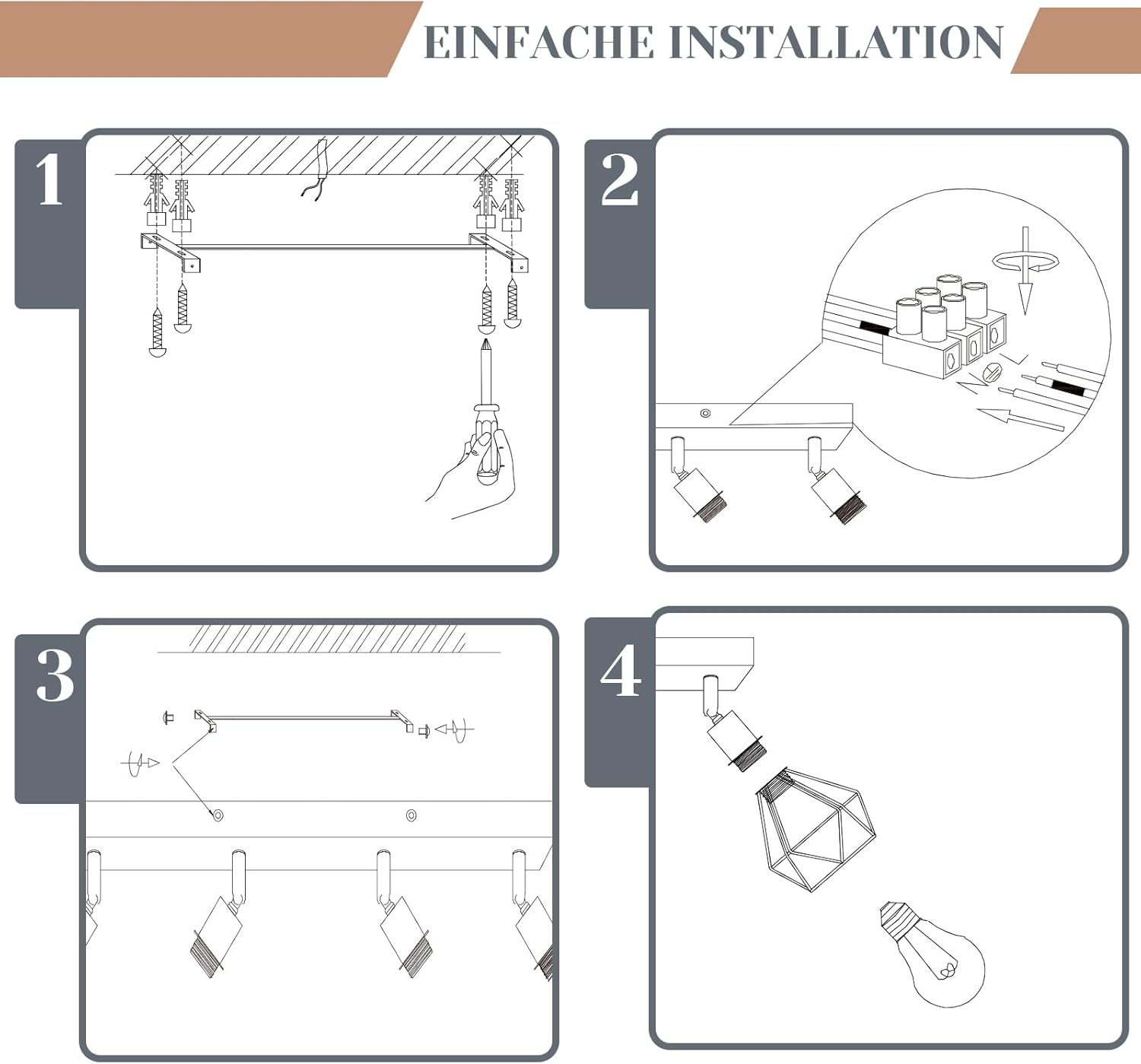 Czteroetapowa ilustracja pokazująca instalację oprawy oświetleniowej na suficie.
