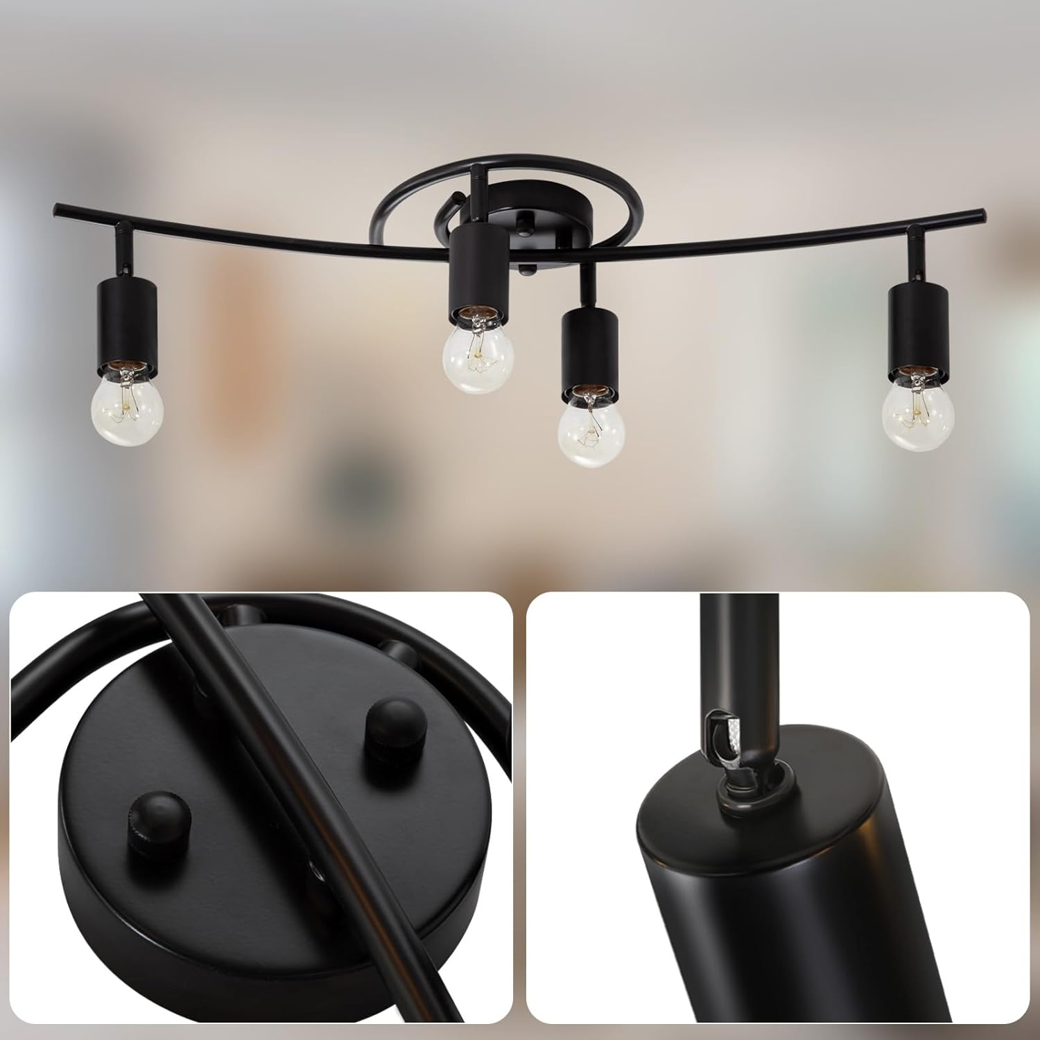 Czarna lampa sufitowa z czterema żarówkami ze szczegółami w dwóch zbliżeniach.