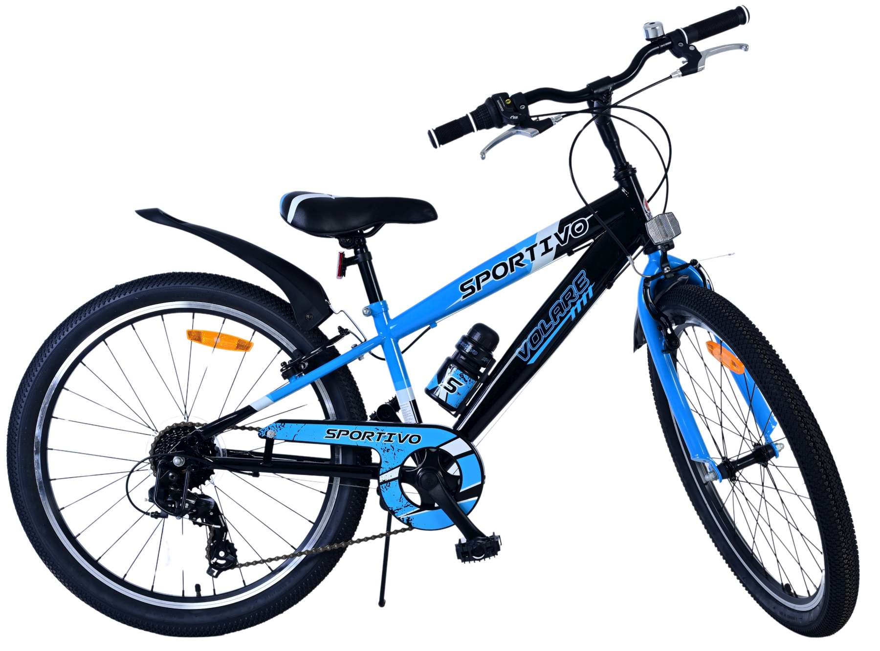 Ein blau-schwarzes Mountainbike auf weißem Hintergrund mit dem Wort Sportivo darauf.