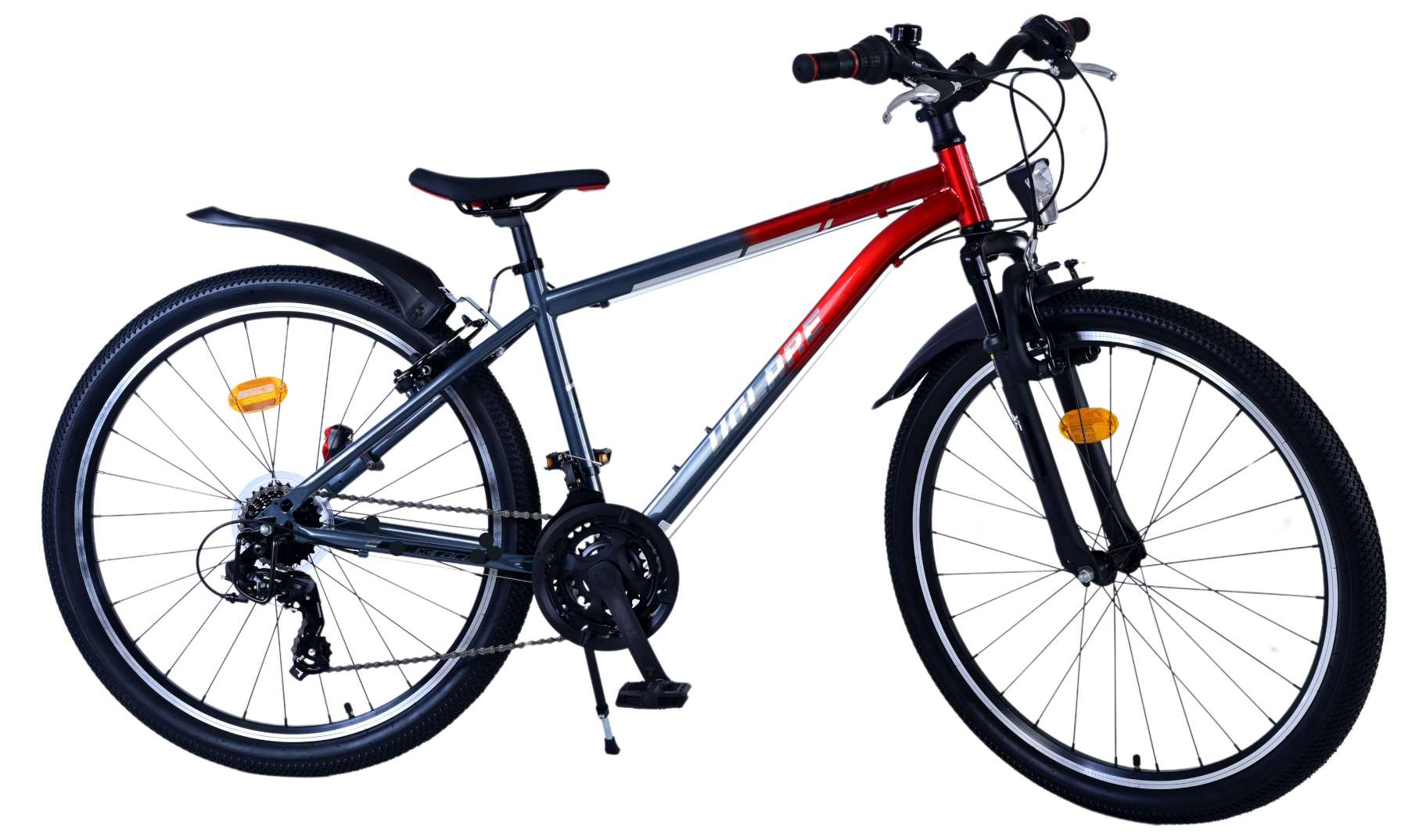 Ein rot-graues Mountainbike. Das Fahrrad hat schwarze Reifen und einen schwarzen Rahmen.