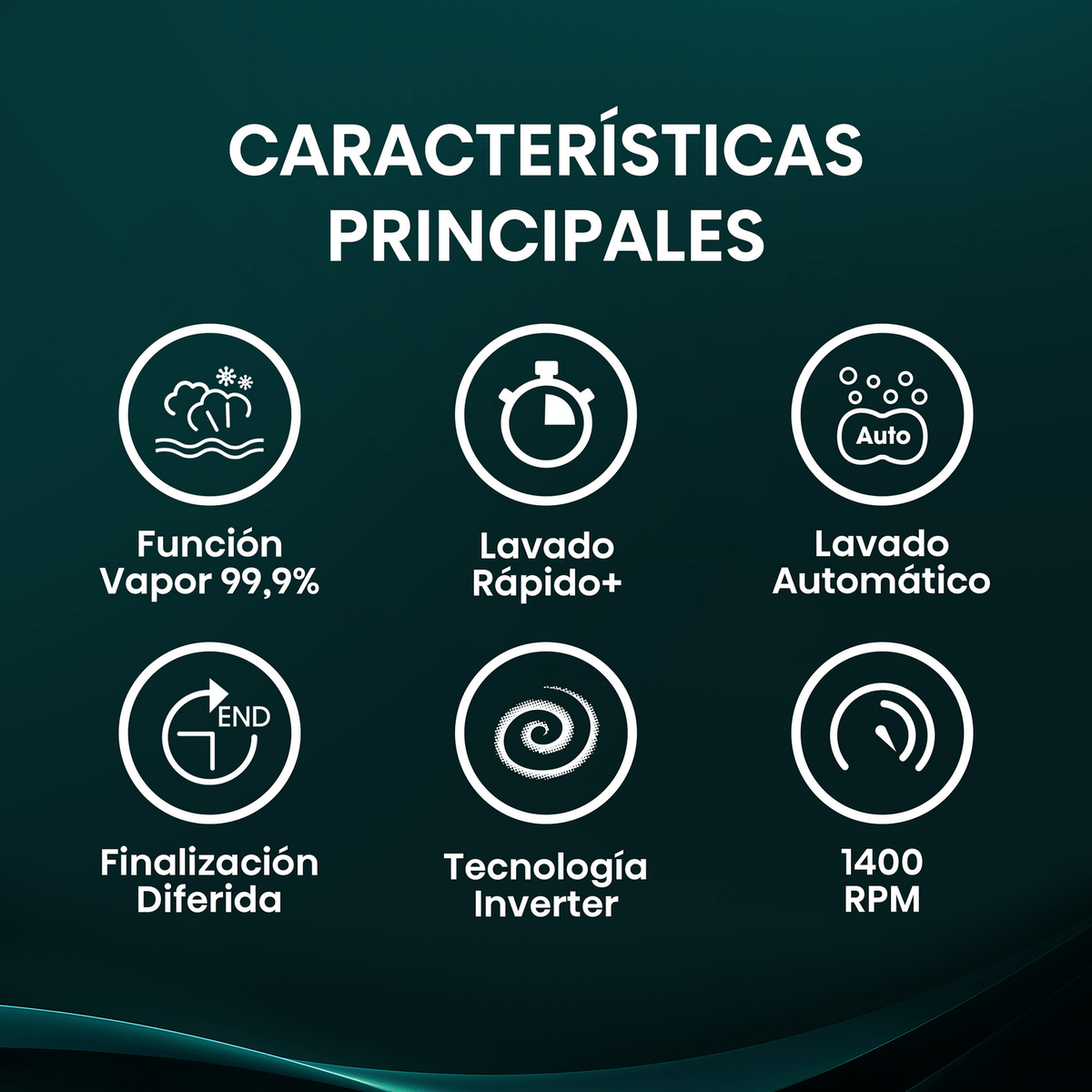 Sześć ikon z tekstem opisującym funkcje pralki, takie jak para, szybkie pranie i pranie automatyczne.