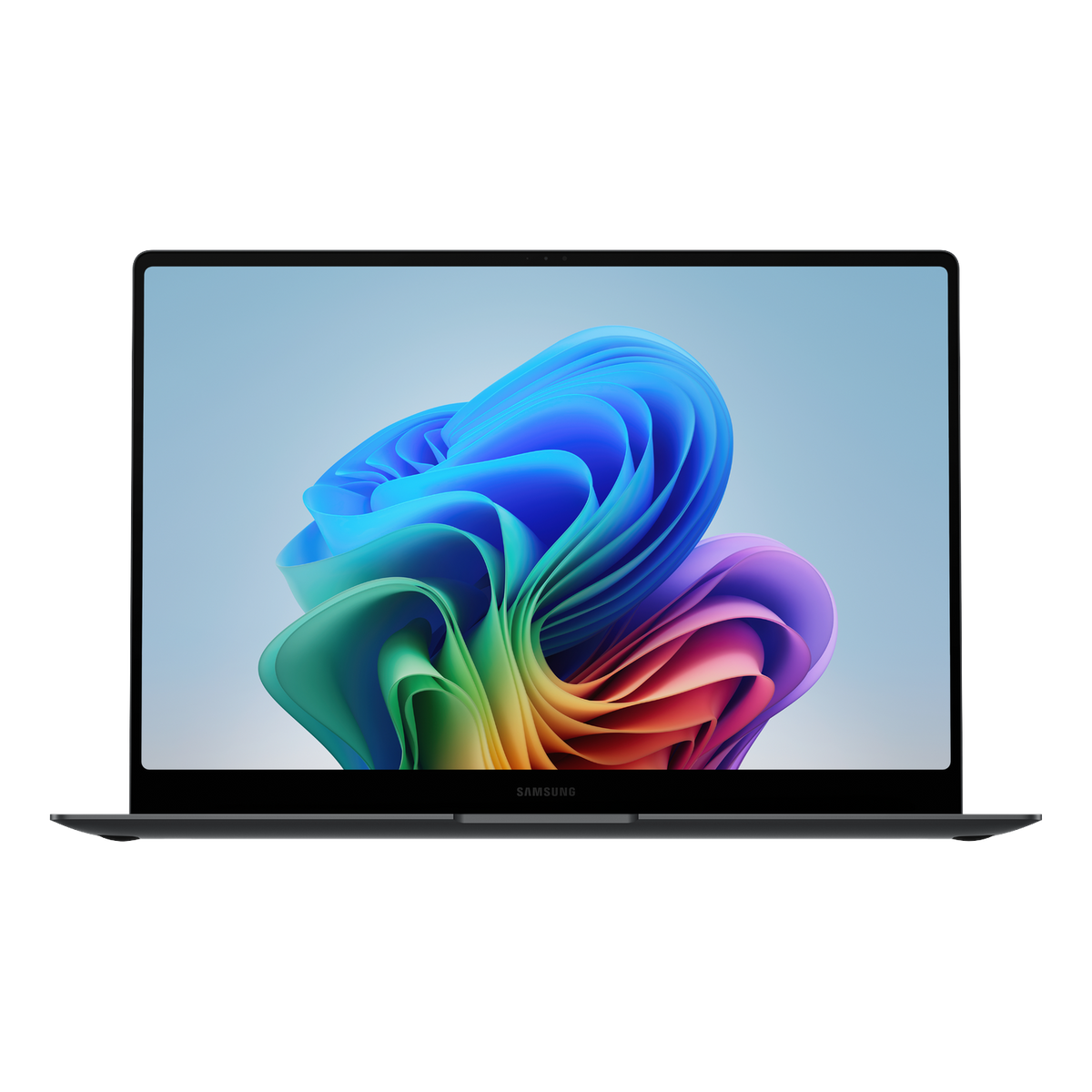 Un portátil negro que muestra un diseño abstracto colorido en la pantalla.