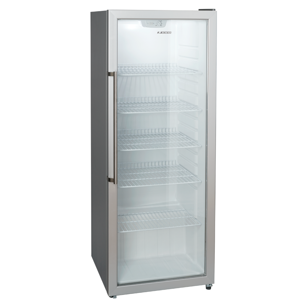 Refrigerador plateado con puerta de vidrio. Estantes visibles en el interior. El fondo es negro.