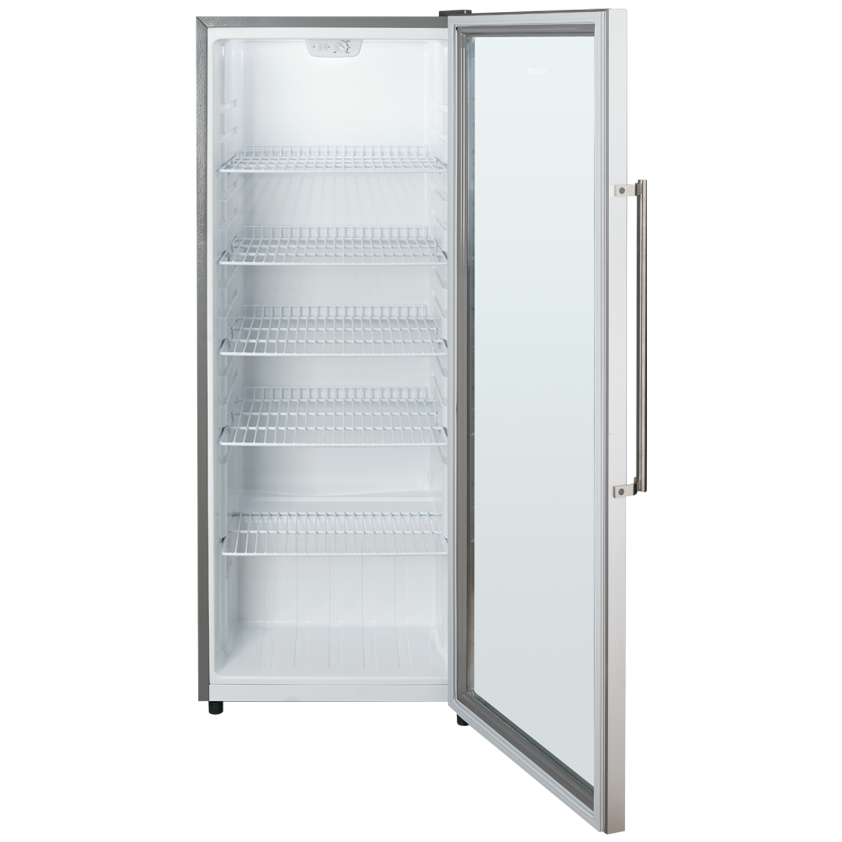 Refrigerador abierto de acero inoxidable con puerta de vidrio, fondo negro.