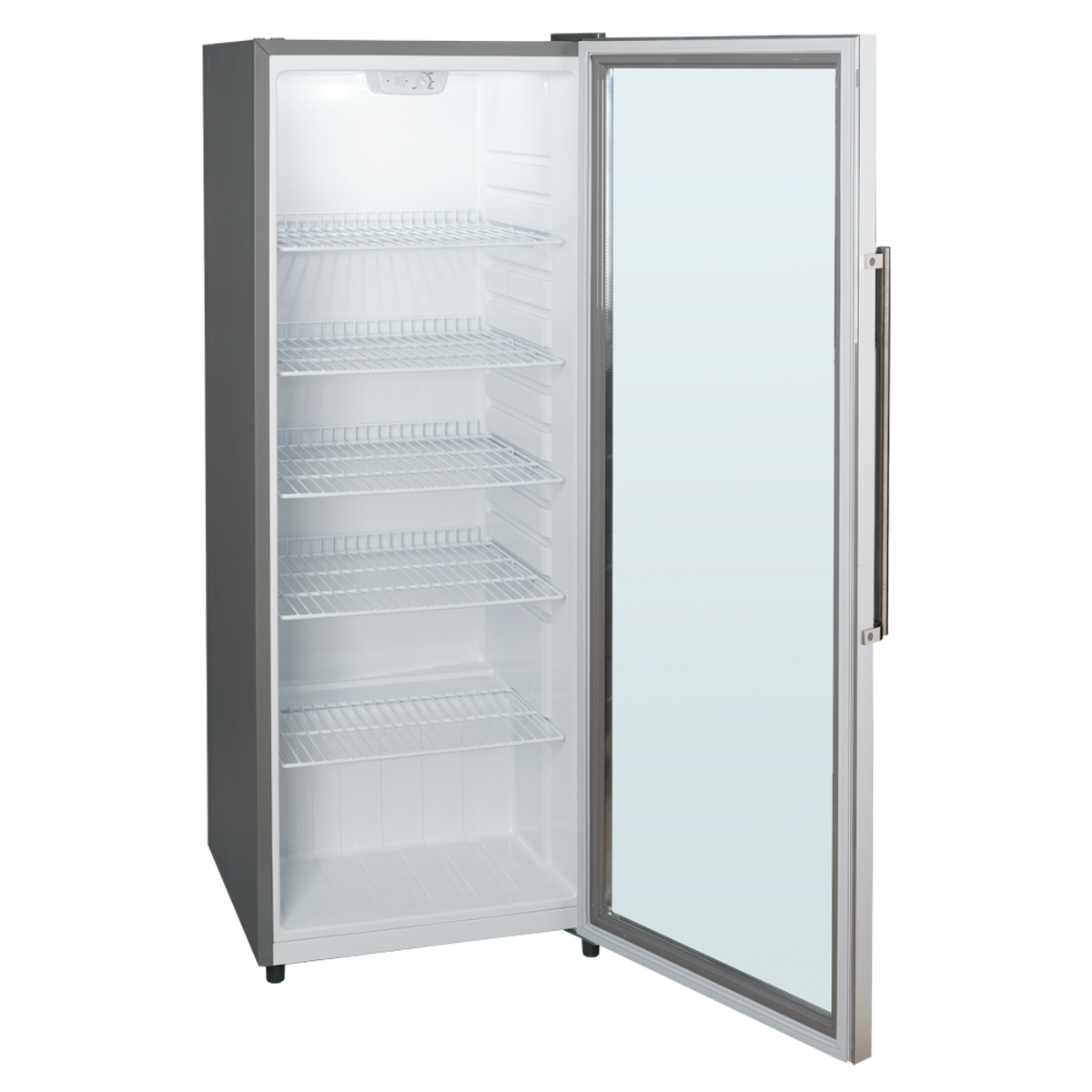 Un frigorífico alto, abierto, plateado y gris con puerta de cristal y estantes de alambre.