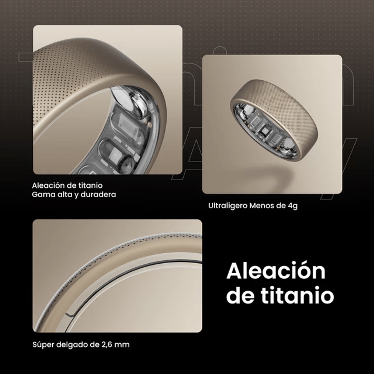 Zbliżenie na tytanowy pierścień pokazujące szczegóły, z tekstem o jego właściwościach.