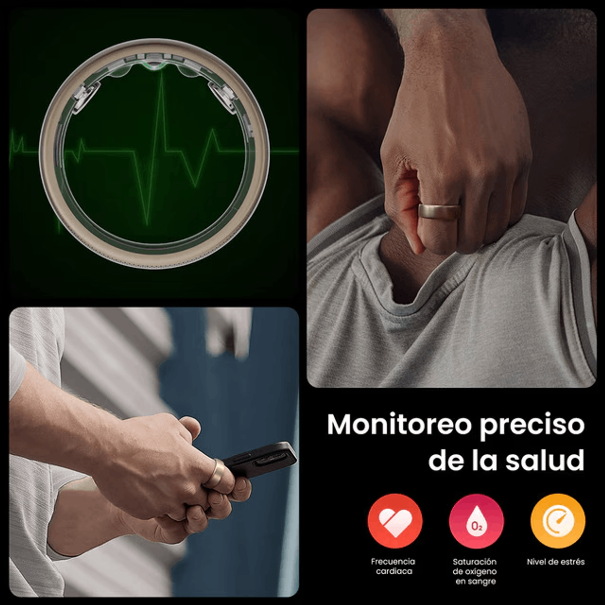 Monitor zdrowia w kształcie pierścienia ze wskaźnikami tętna, tlenu we krwi i poziomu stresu.