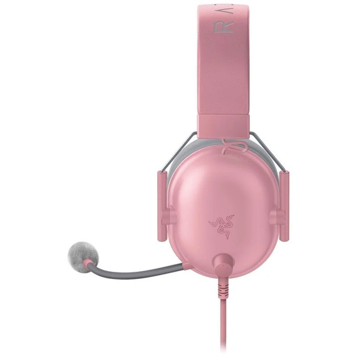 Różowe słuchawki dla graczy Razer z mikrofonem, z logo Razer na nauszniku.