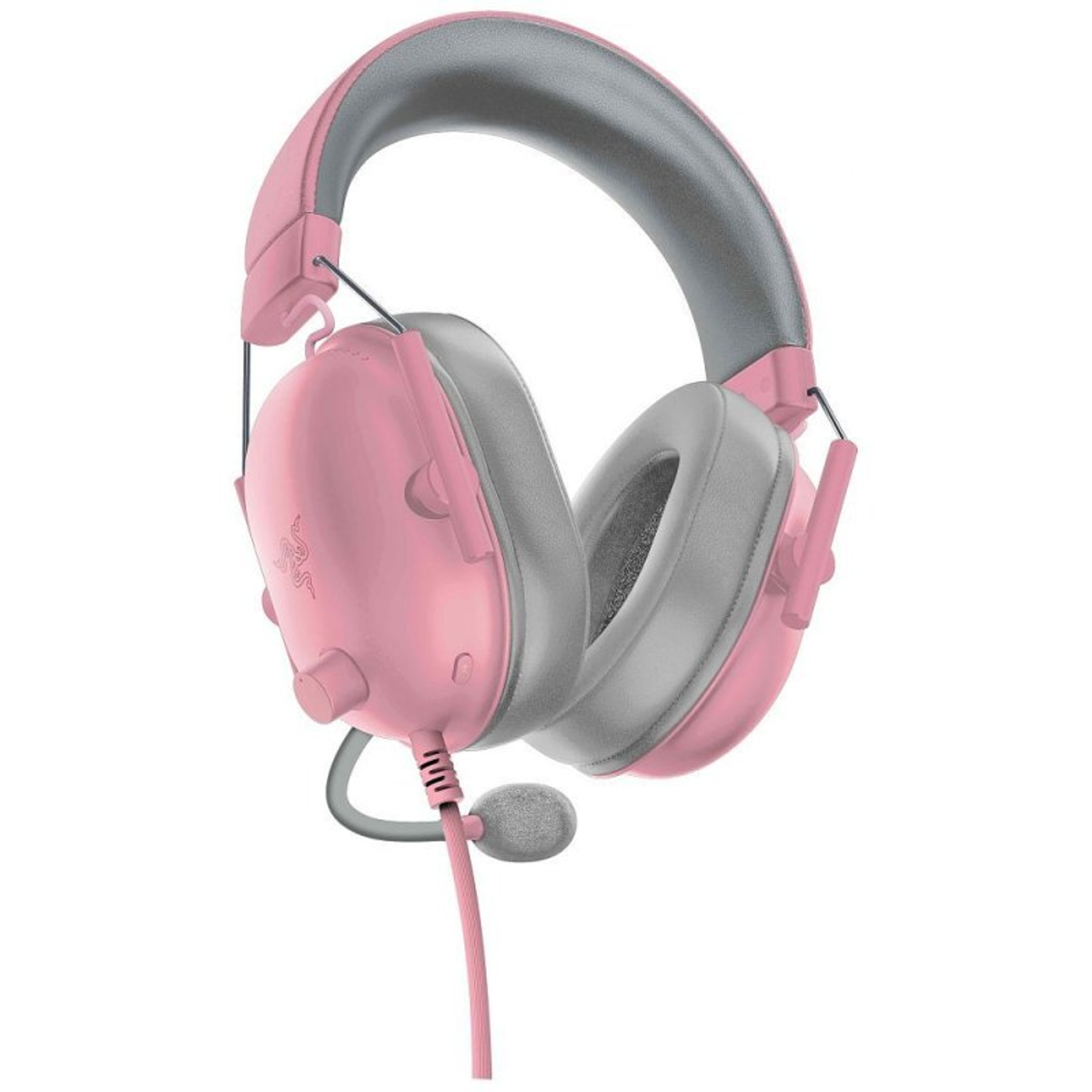 Różowe i szare słuchawki dla graczy z mikrofonem. Białe tło.