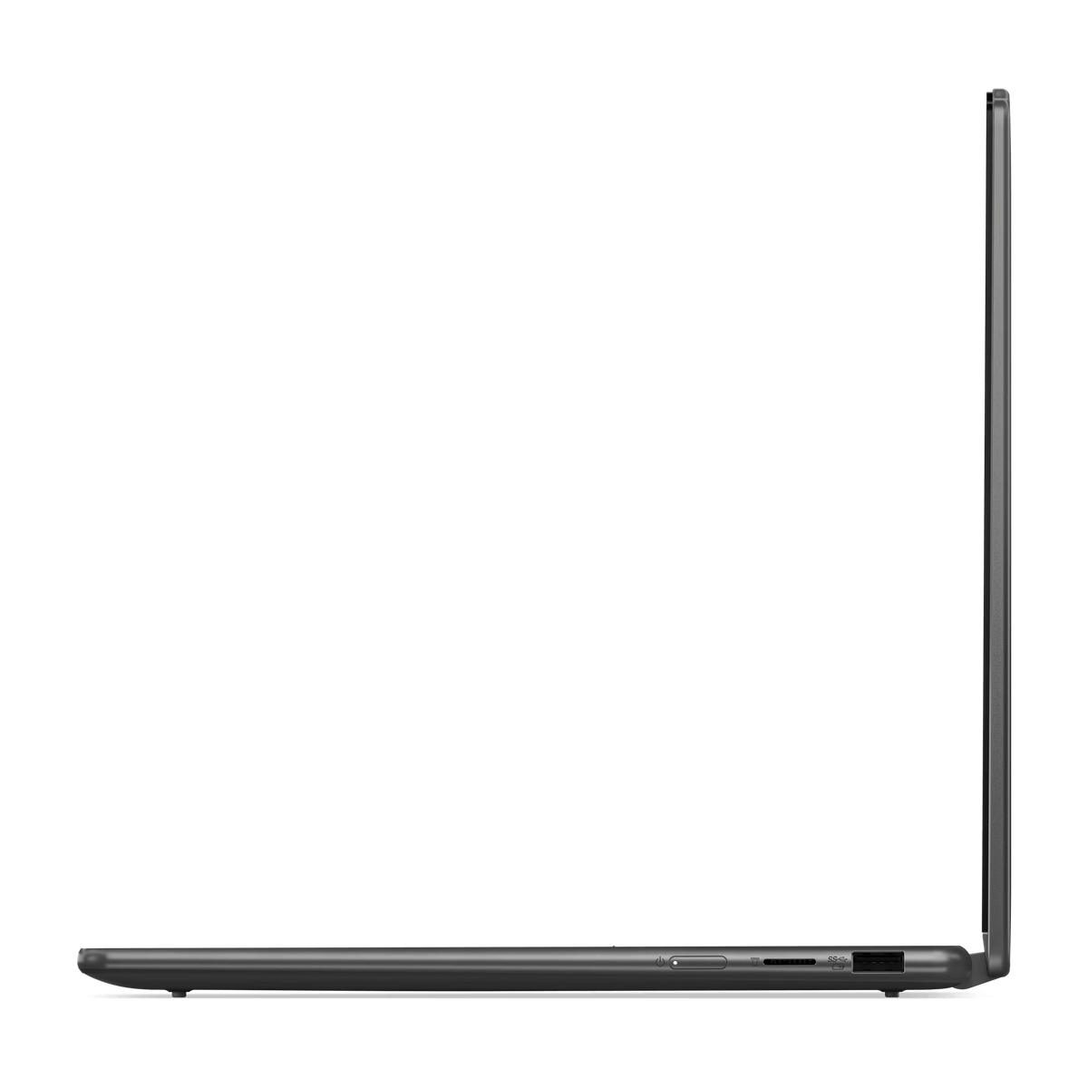 Una laptop desde un lado. La laptop está cerrada, el fondo es negro.