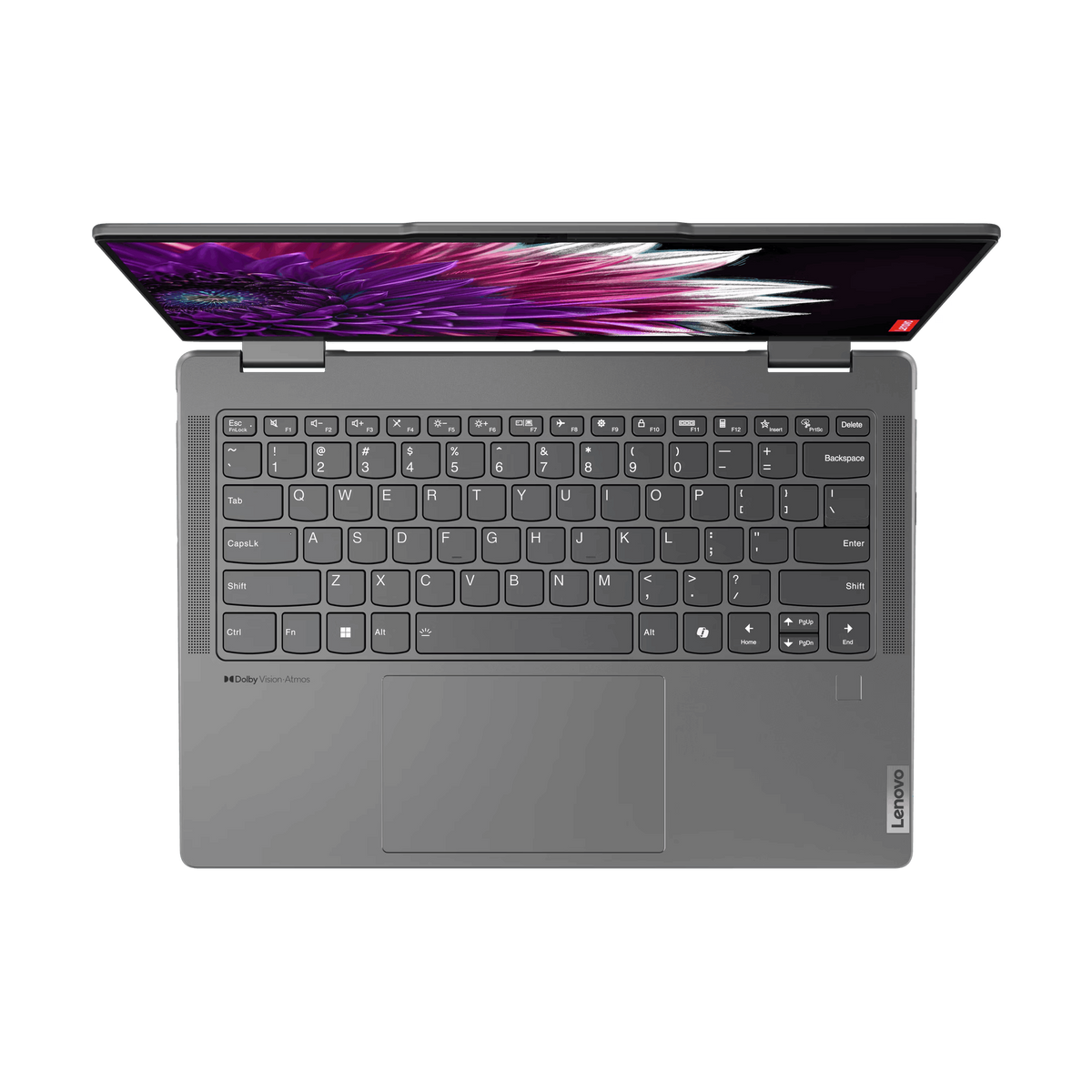 Ordenador portátil, vista superior, abierto. Teclado visible, pantalla con diseño morado y blanco.