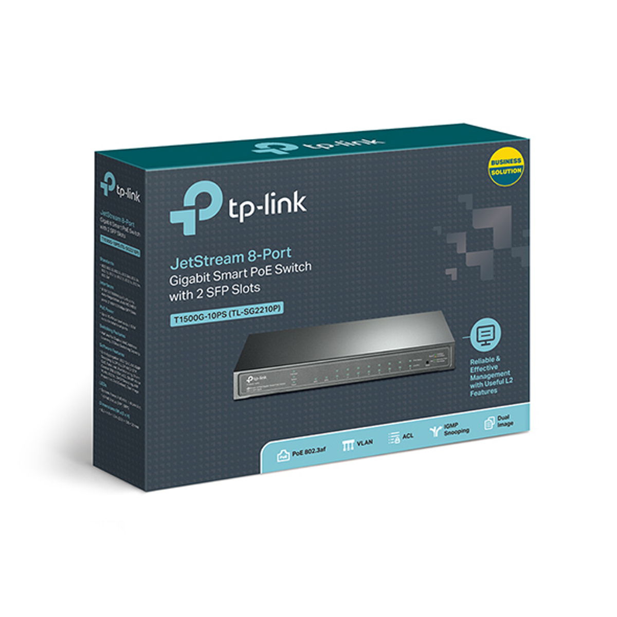 Pudełko przełącznika tp-link JetStream 8-Port Gigabit Smart PoE z gniazdami SFP.