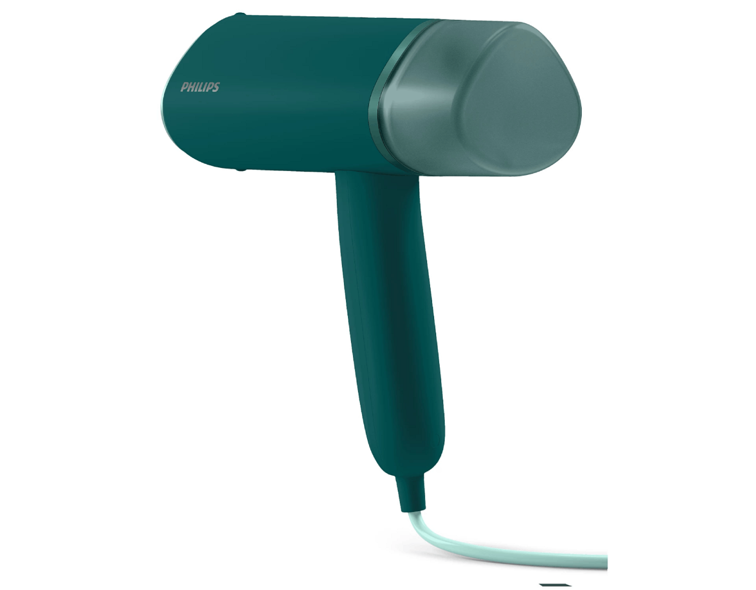 Türkis-grauer Philips-Handdampfer, weißer Hintergrund, isoliert, Produktaufnahme.