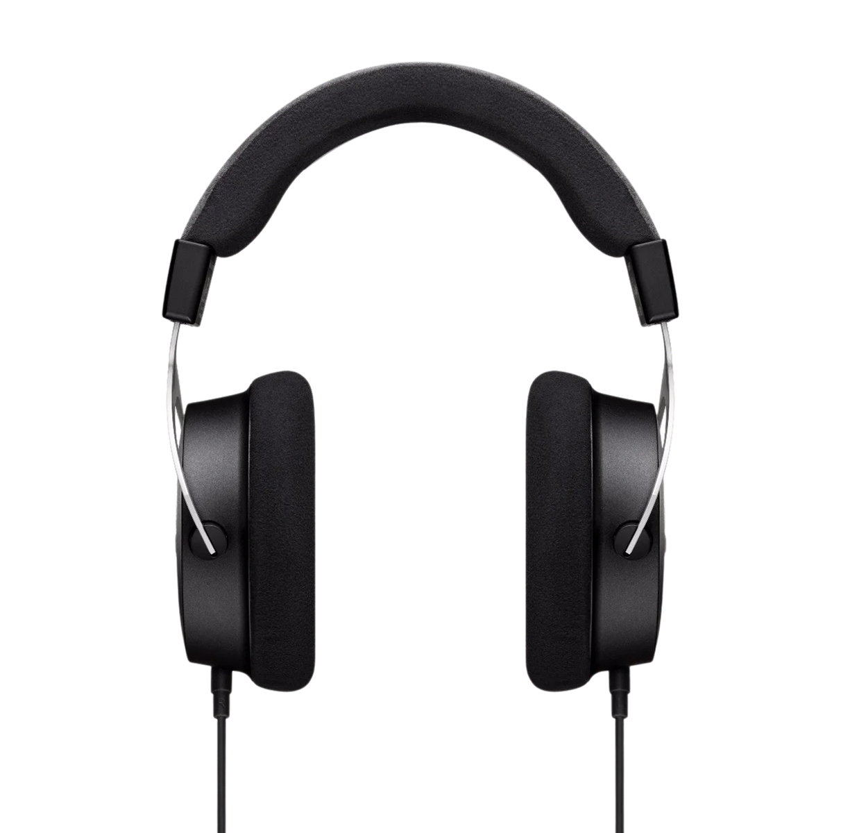 Czarne słuchawki z wyściełanym pałąkiem, na czarnym tle.