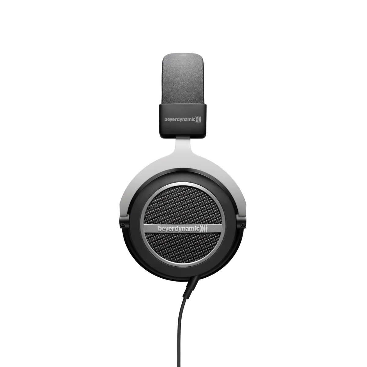 Słuchawki Beyerdynamic. Czarno-srebrny design. Posiadają pałąk i nauszniki.