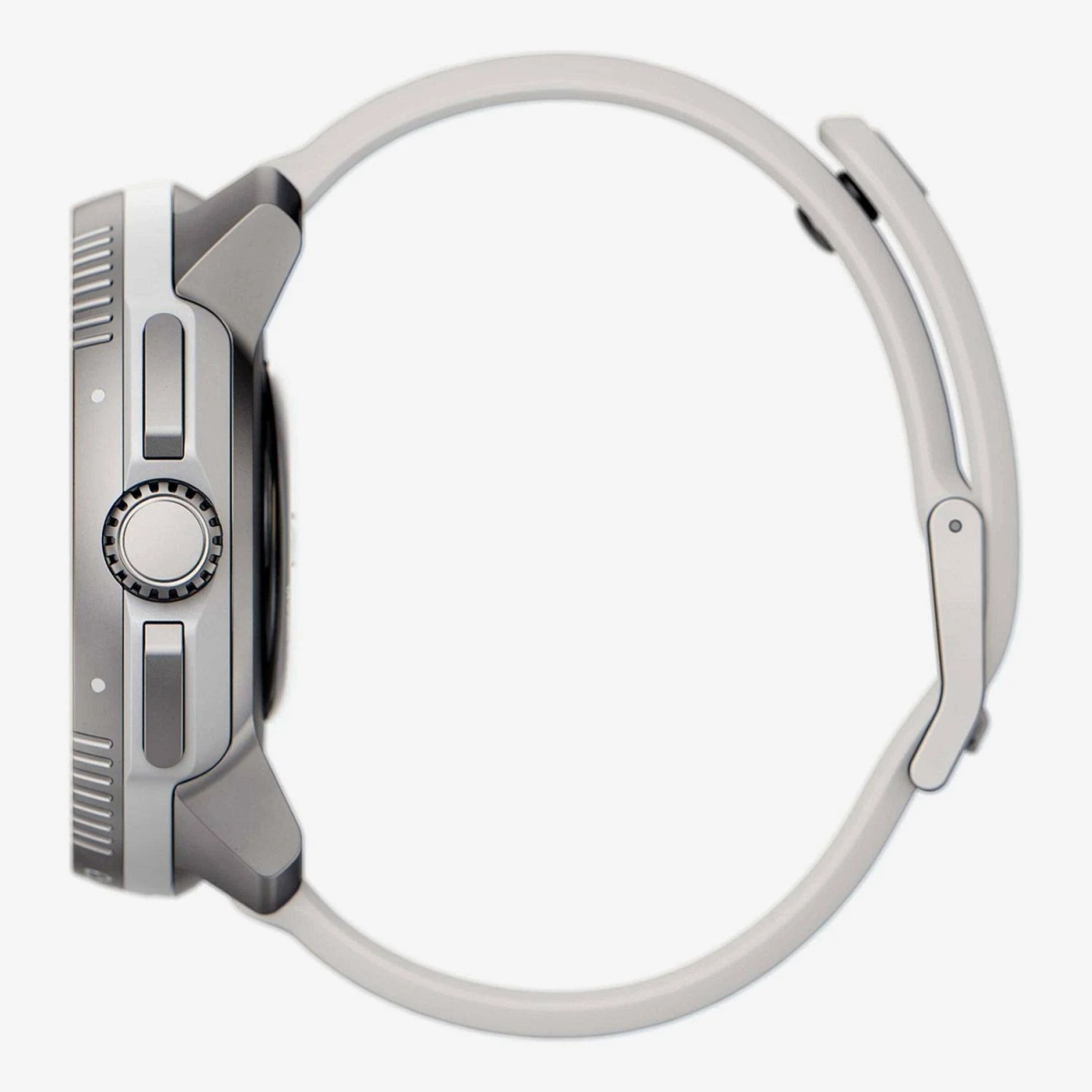 Widok z boku szarego i białego smartwatcha z białym paskiem.