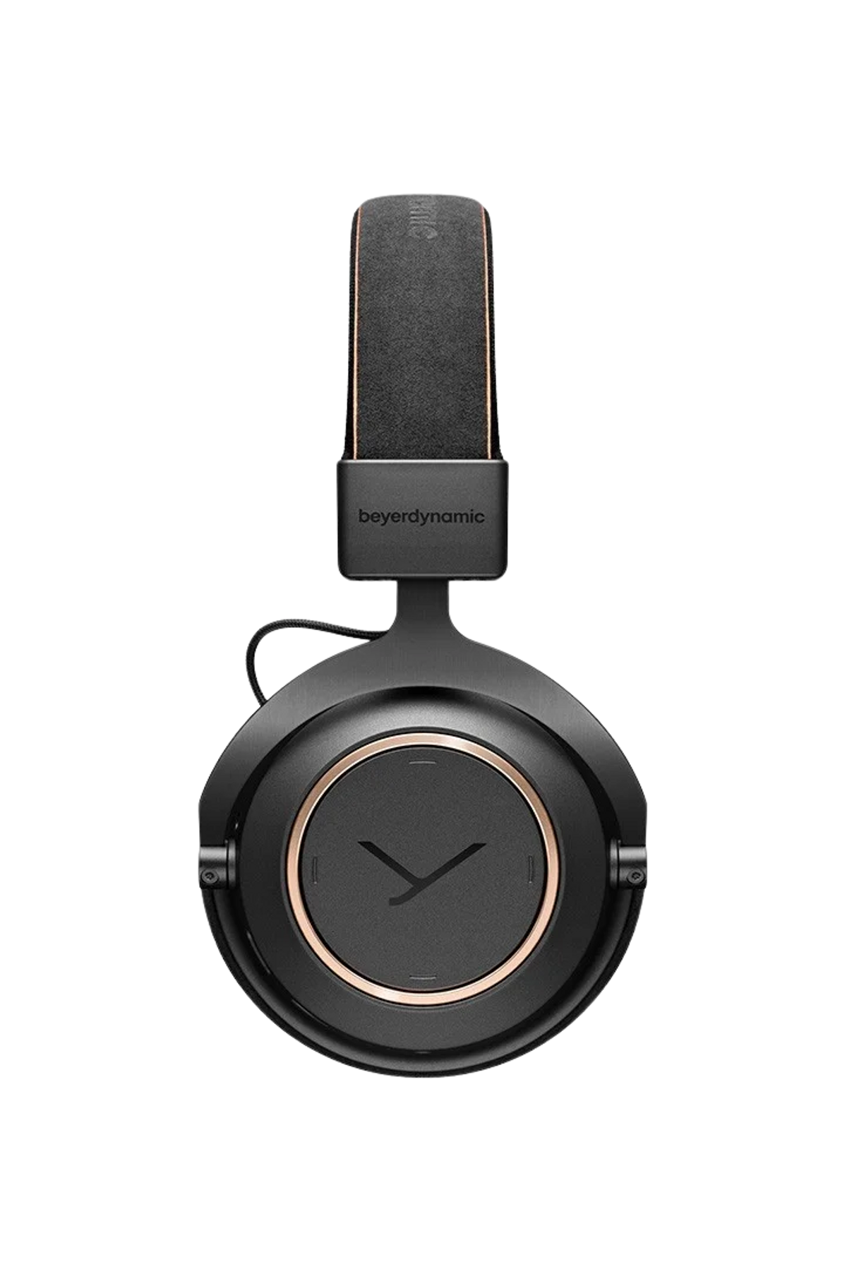 Słuchawki Beyerdynamic, czarne ze złotym akcentem. Czarne tło.