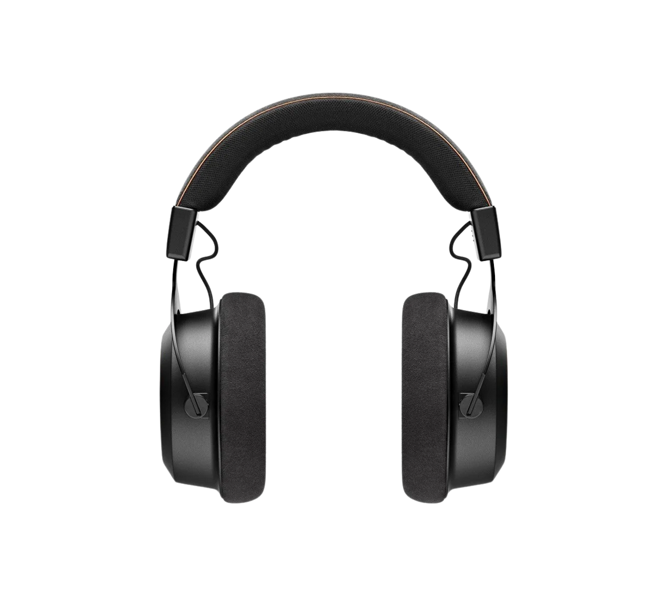 Czarne słuchawki z wyściełanymi nausznikami na czarnym tle.