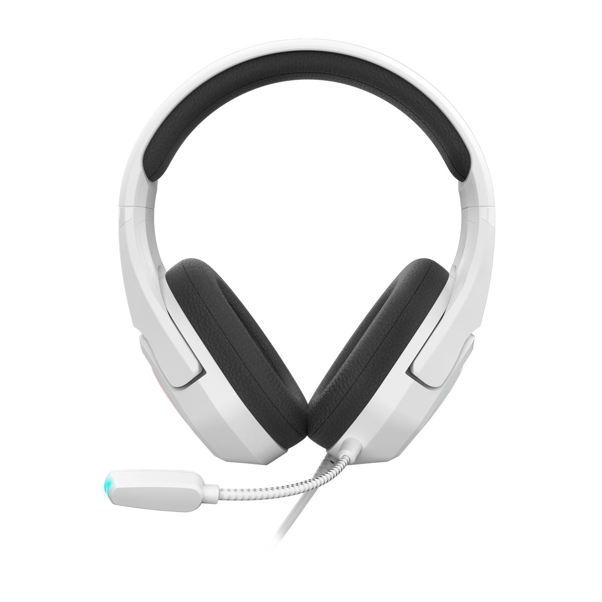 Weißes Headset mit schwarzen Ohrpolstern und Mikrofon. Die Ohrpolster sind schwarz.