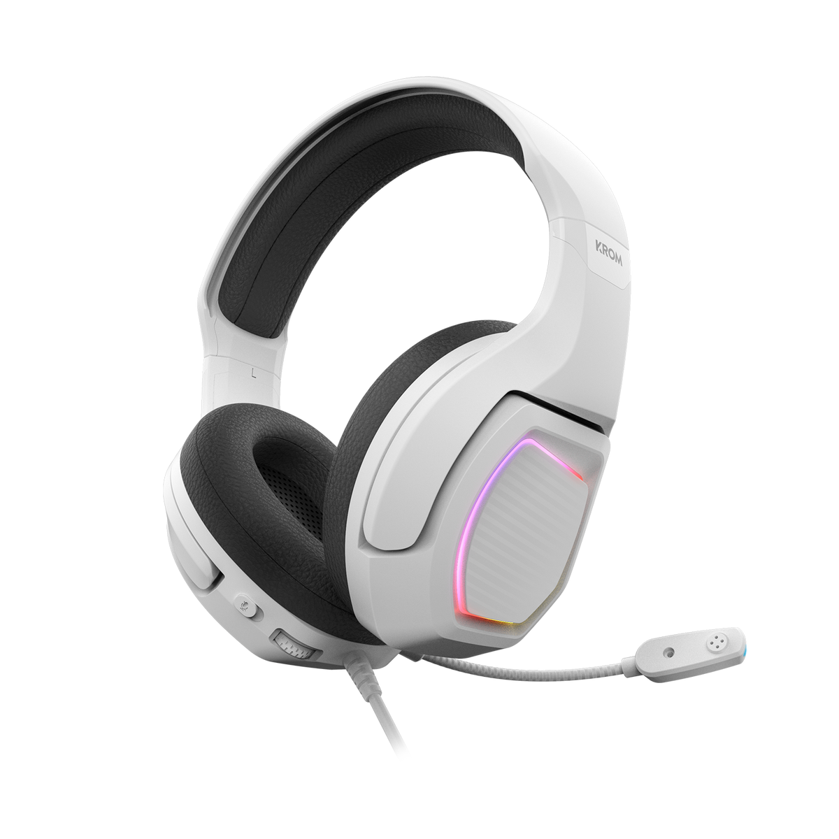 Weißes Gaming-Headset mit Mikrofon und bunten Lichtern.