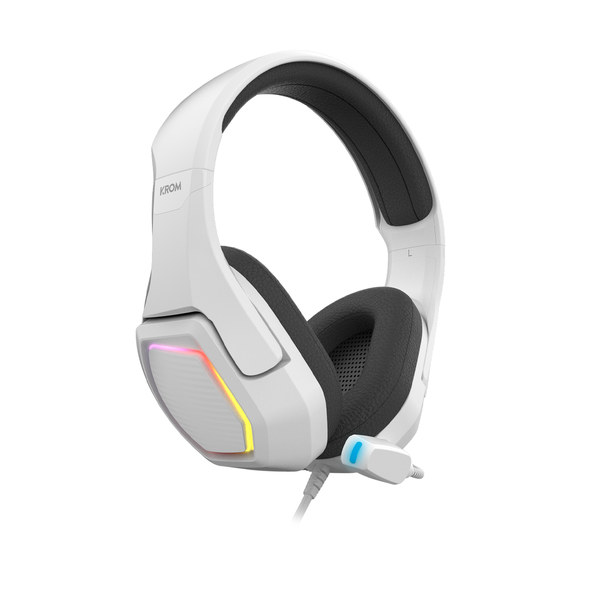 Weißes Gaming-Headset mit RGB-Beleuchtung, Mikrofon, auf dunklem Hintergrund.